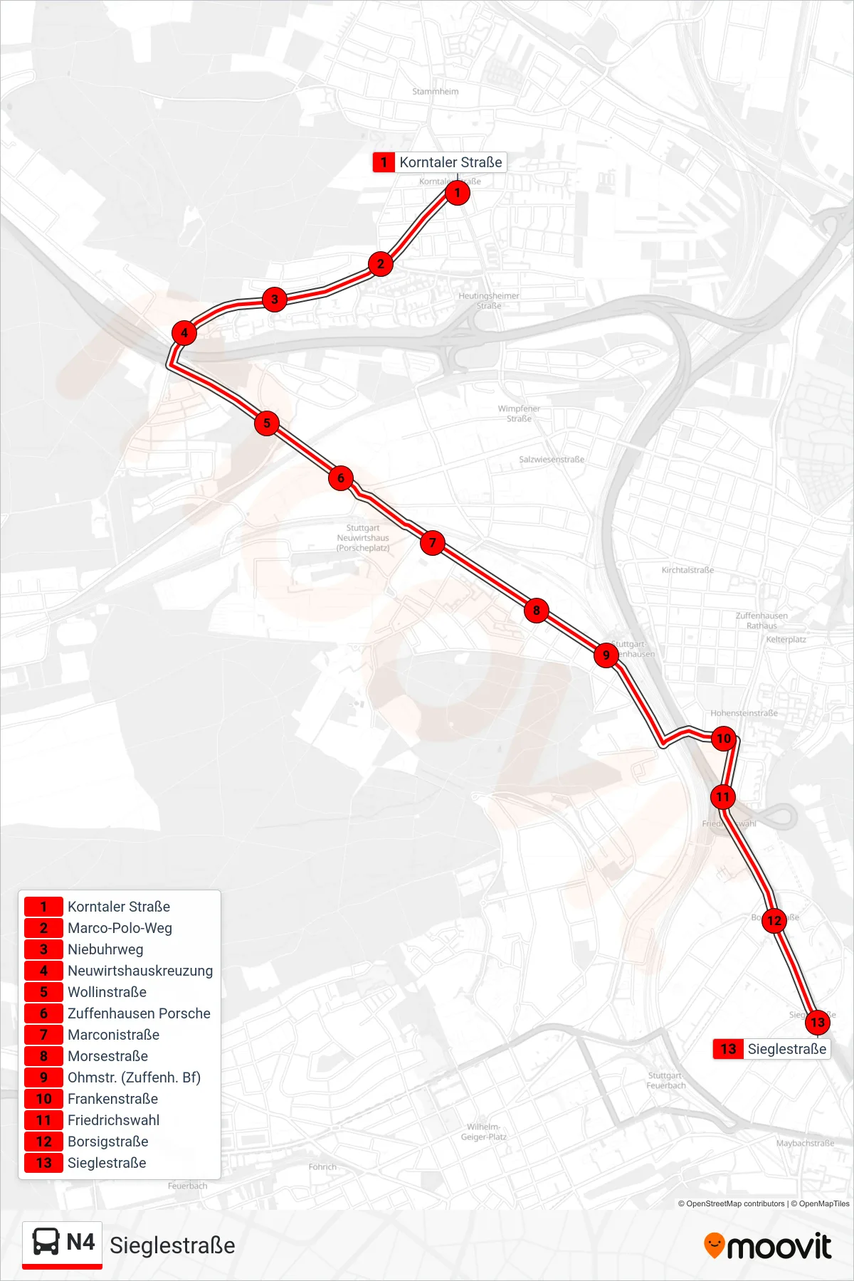 Linie N4 (Bus) Richtung Sieglestraße: Route und Haltestellen auf der Karte