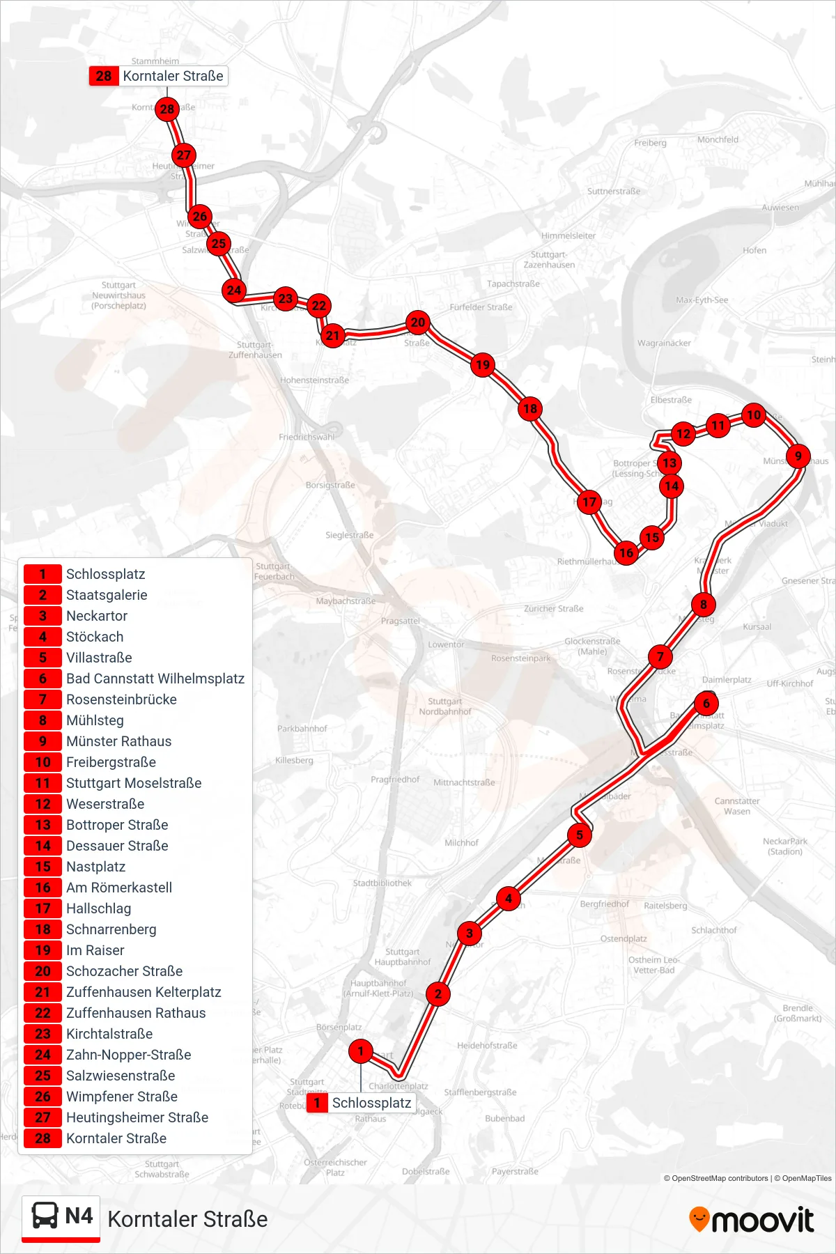 N4 bus Line (Korntaler Straße) route and stops on a map