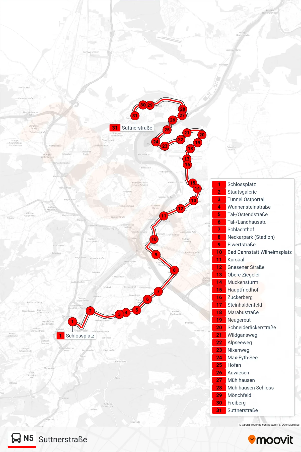 N5 bus Line (Suttnerstraße) route and stops on a map