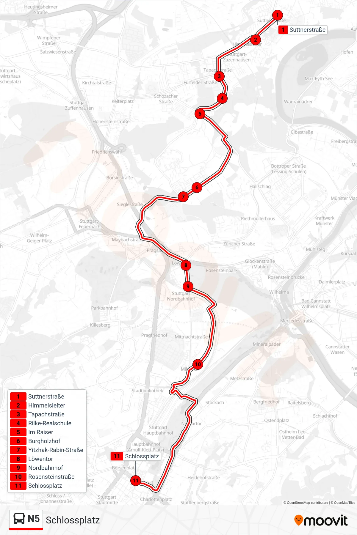 N5 bus Line (Schlossplatz) route and stops on a map