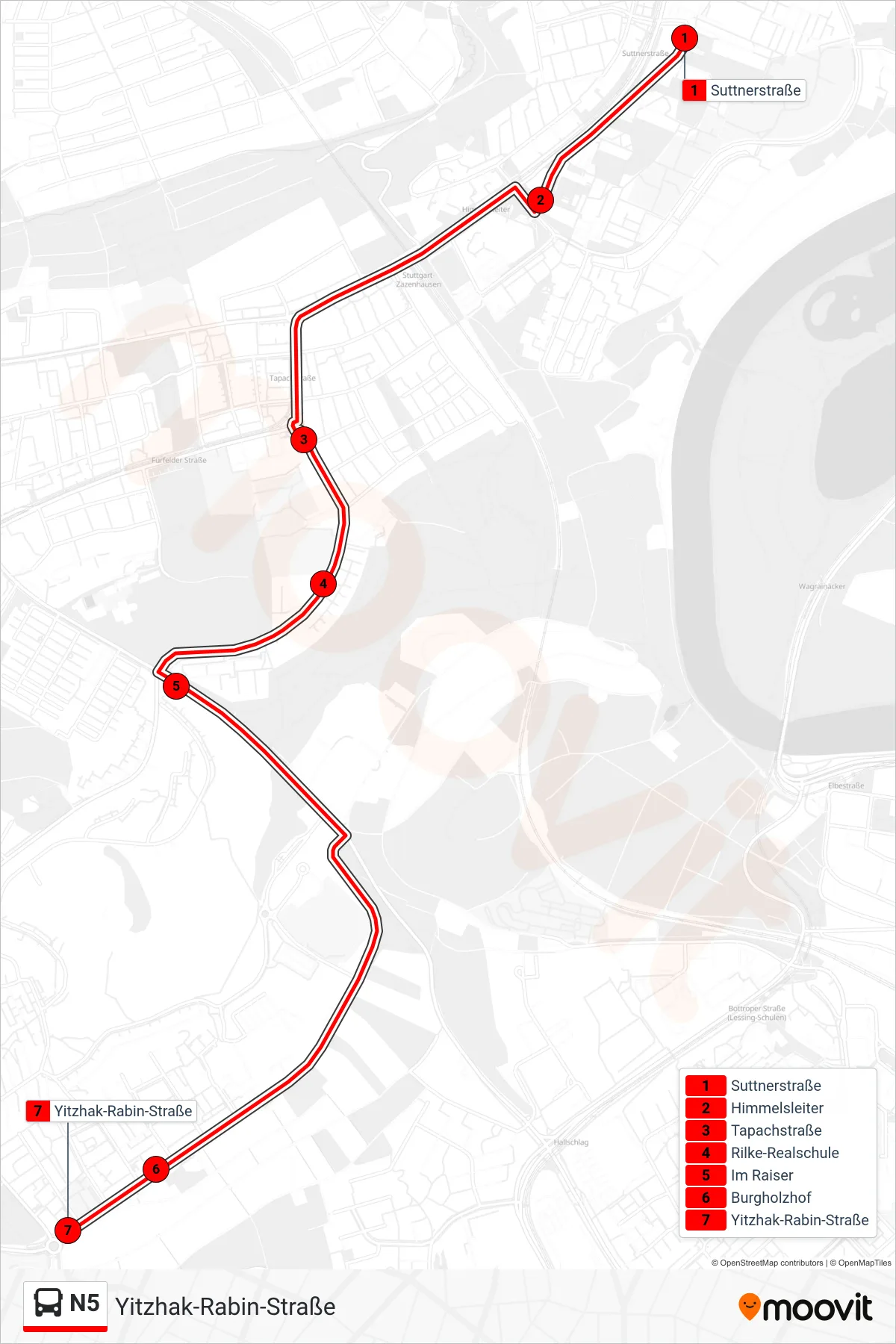 Linie N5 (Bus) Richtung Yitzhak-Rabin-Straße: Route und Haltestellen auf der Karte