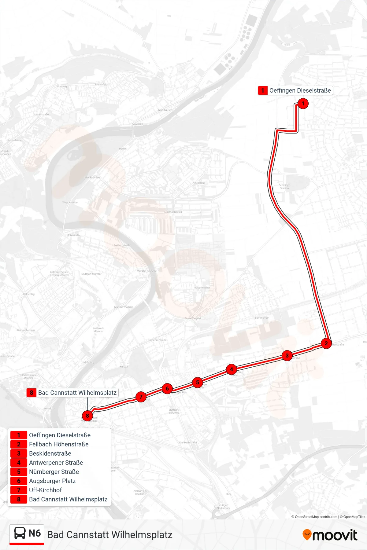 N6 bus Line (Bad Cannstatt Wilhelmsplatz) route and stops on a map