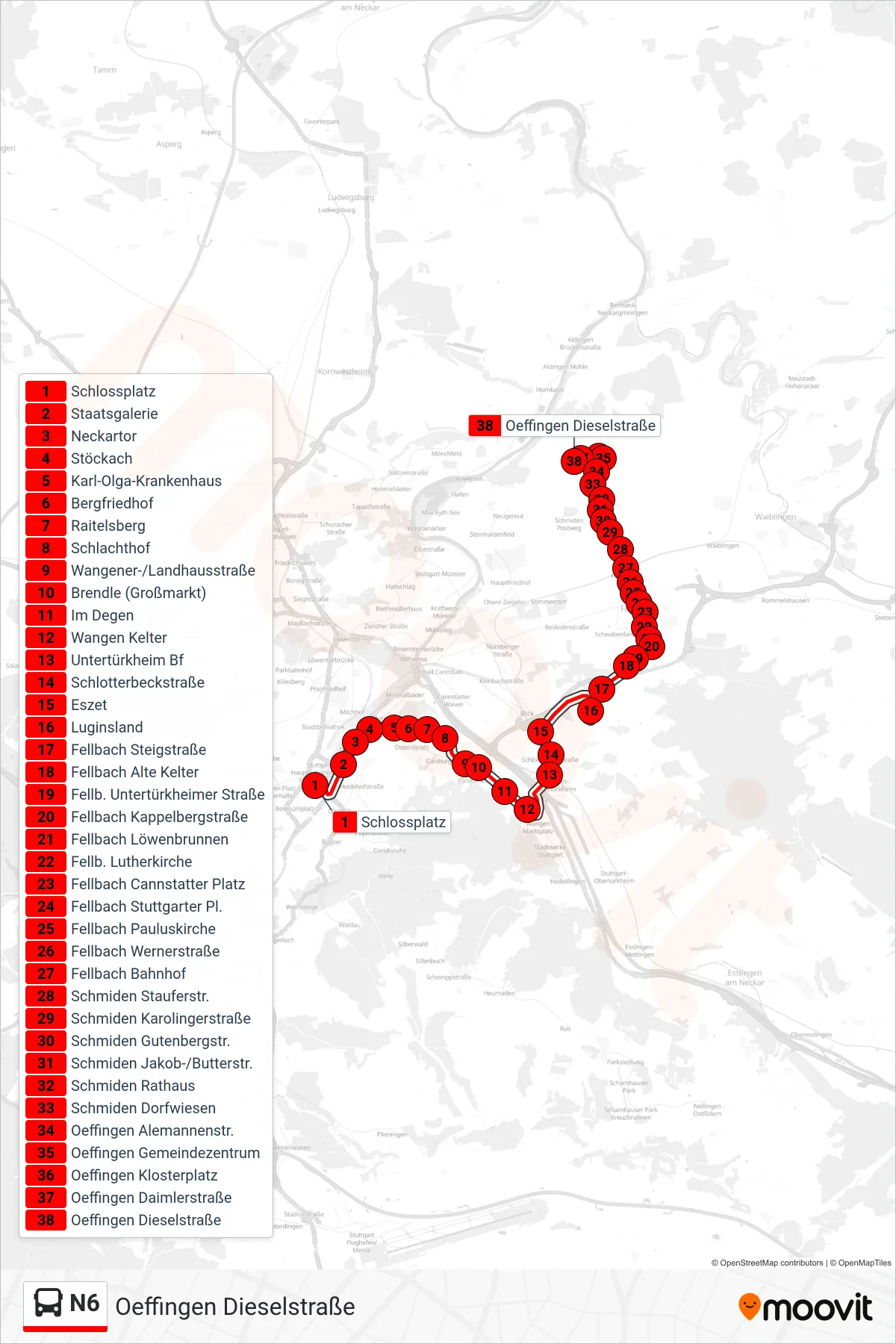 N6 bus Line (Oeffingen Dieselstraße) route and stops on a map