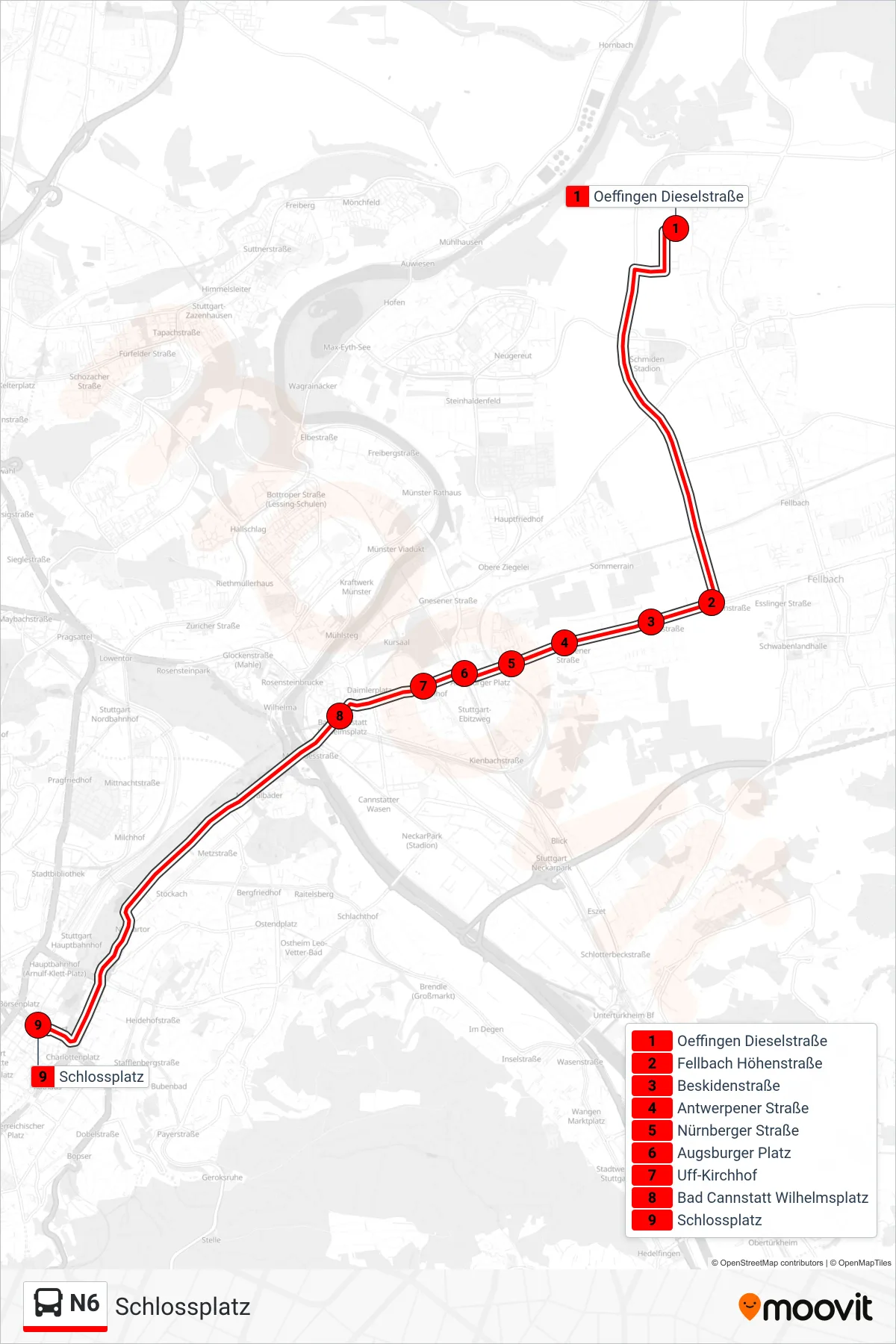 Linie N6 (Bus) Richtung Schlossplatz: Route und Haltestellen auf der Karte