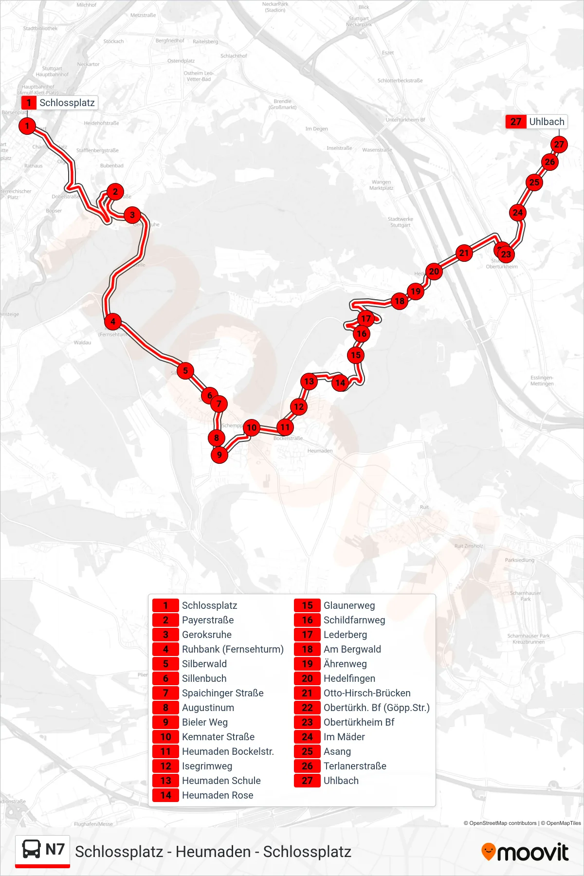 Linie N7 (Bus) Richtung Uhlbach: Route und Haltestellen auf der Karte