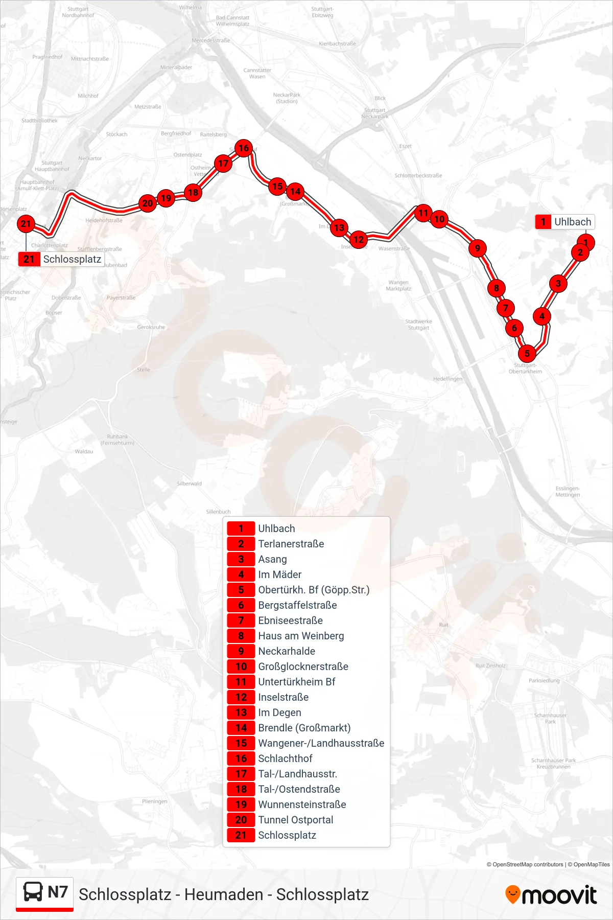 N7 bus Line (Schlossplatz) route and stops on a map