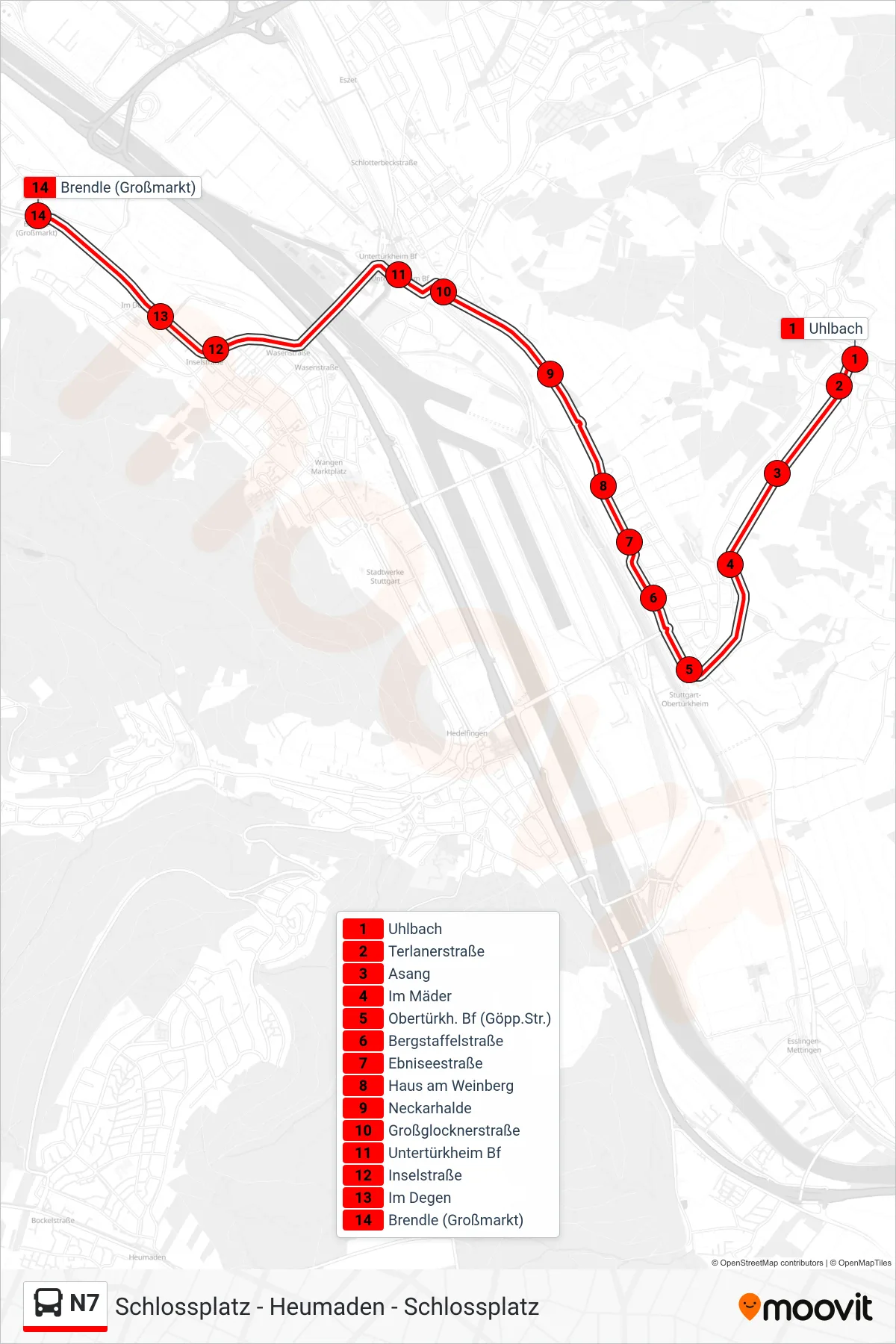 N7 bus Line (Brendle (Großmarkt)) route and stops on a map