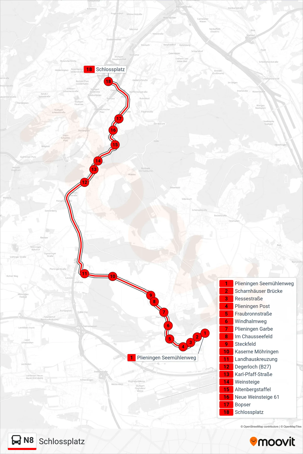 Linie N8 (Bus) Richtung Schlossplatz: Route und Haltestellen auf der Karte