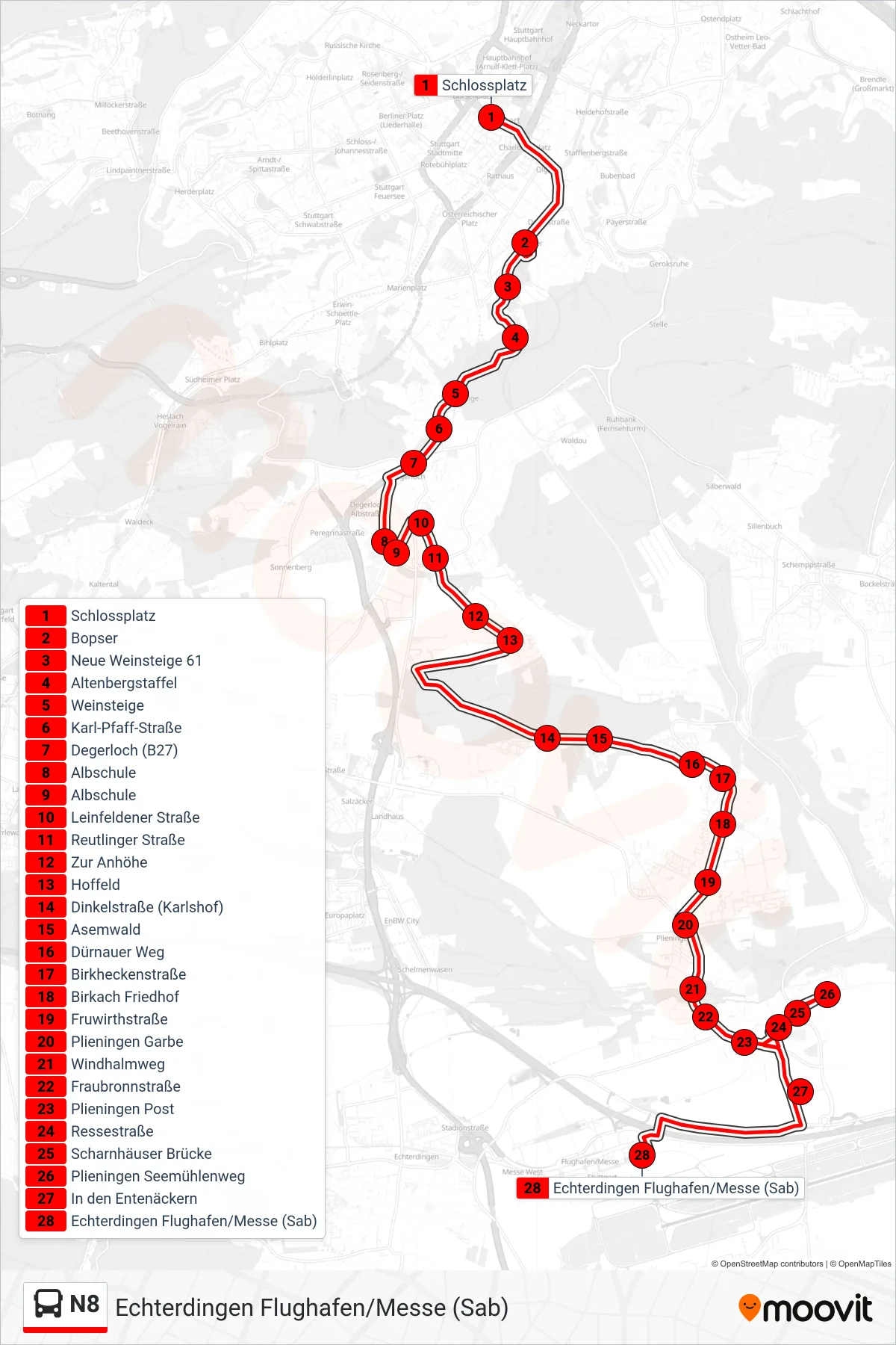 N8 bus Line (Echterdingen Flughafen/Messe (Sab)) route and stops on a map
