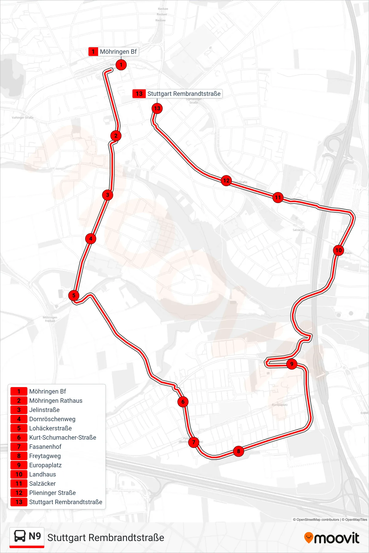 Linie N9 (Bus) Richtung Stuttgart Rembrandtstraße: Route und Haltestellen auf der Karte