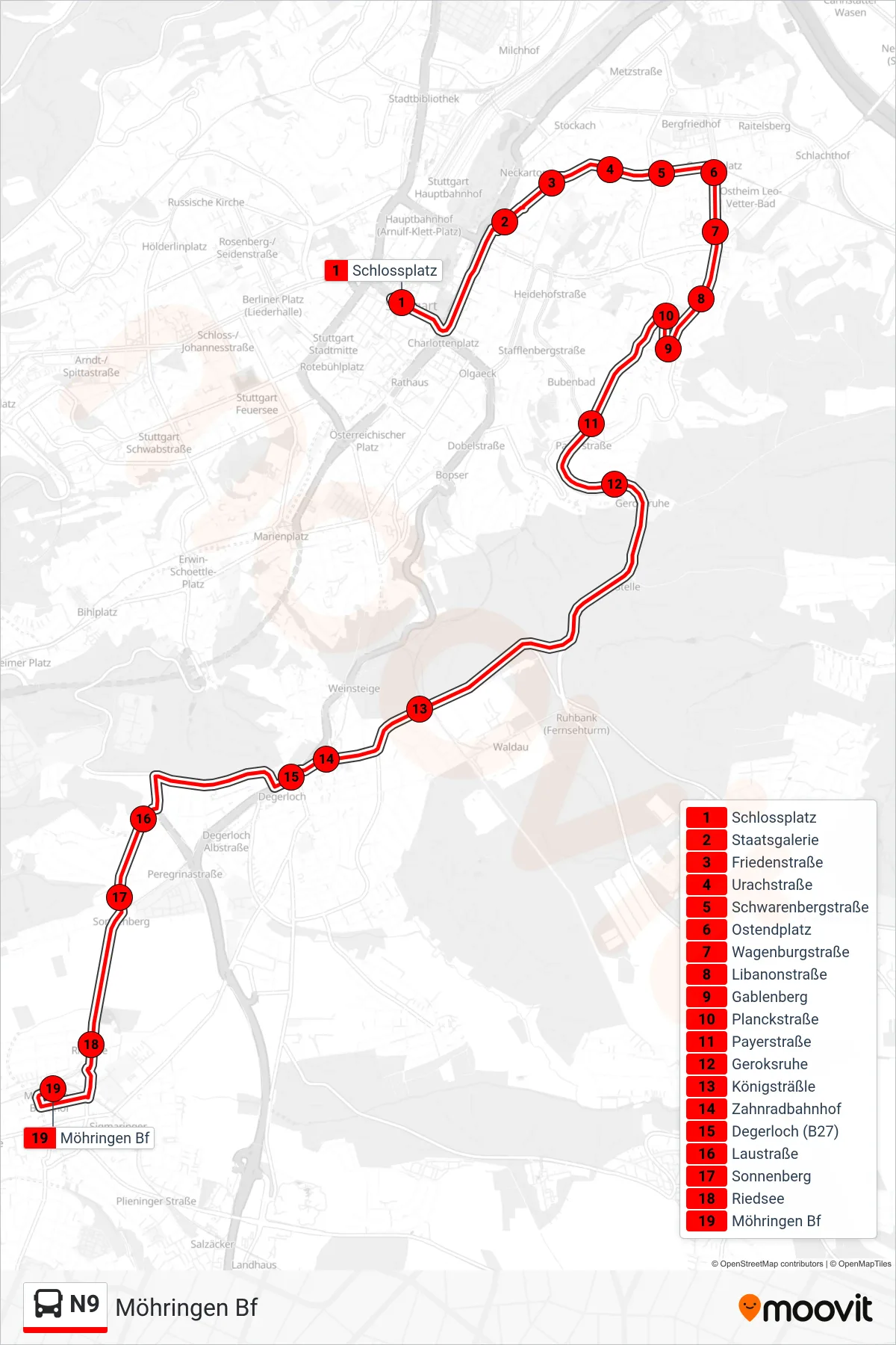 N9 bus Line (Möhringen Bf) route and stops on a map