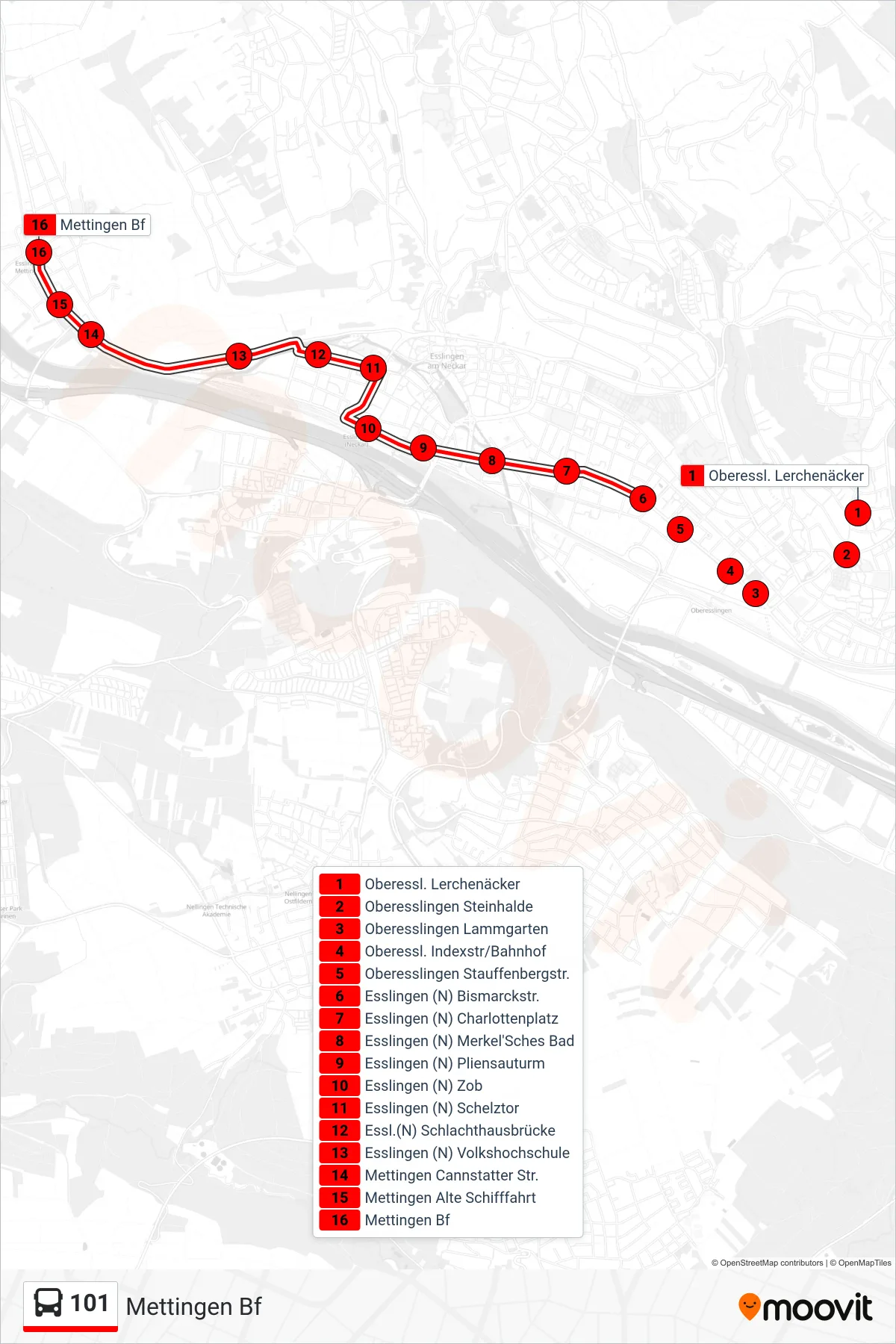 101 bus Line (Mettingen Bf) route and stops on a map