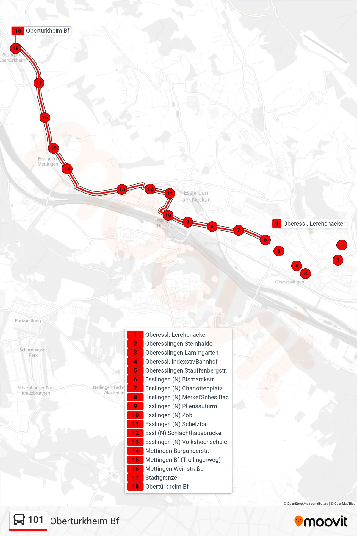 101 bus Line (Obertürkheim Bf) route and stops on a map