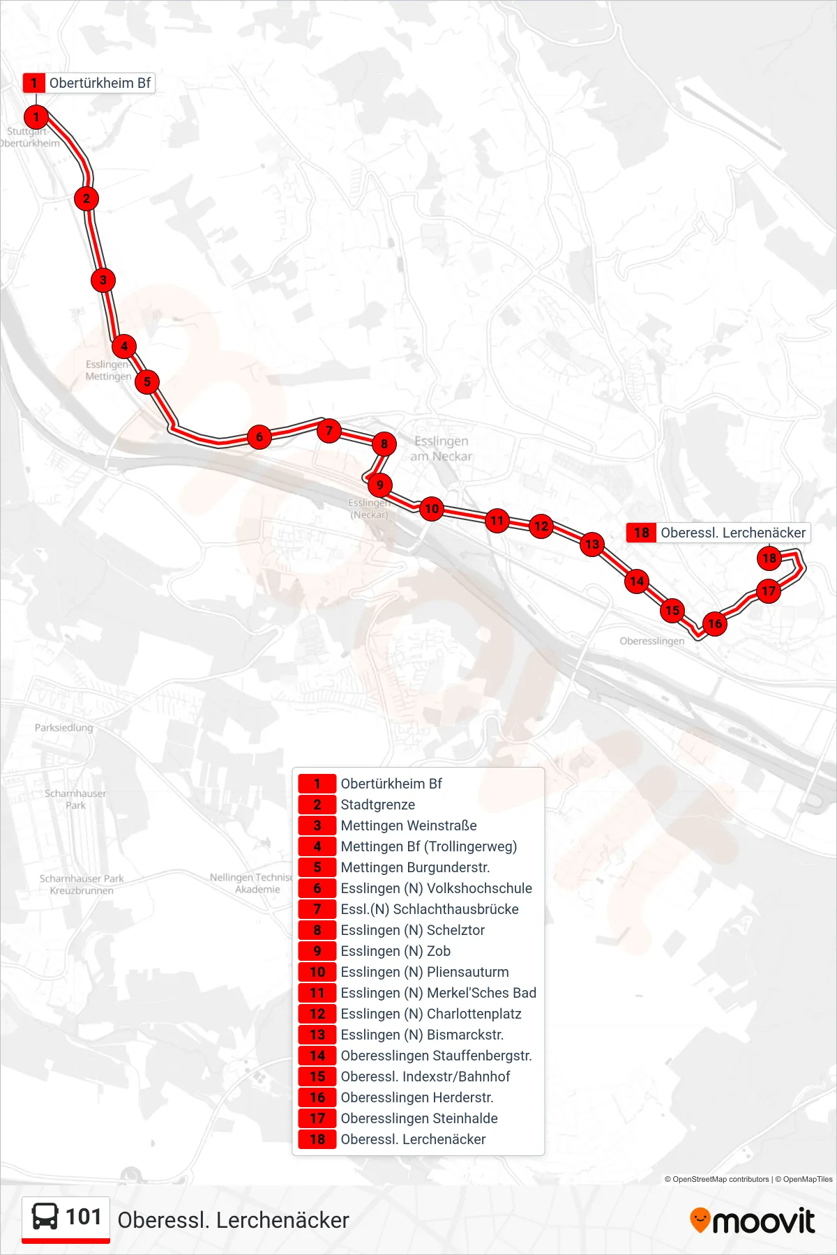 Linie 101 (Bus) Richtung Oberessl. Lerchenäcker: Route und Haltestellen auf der Karte