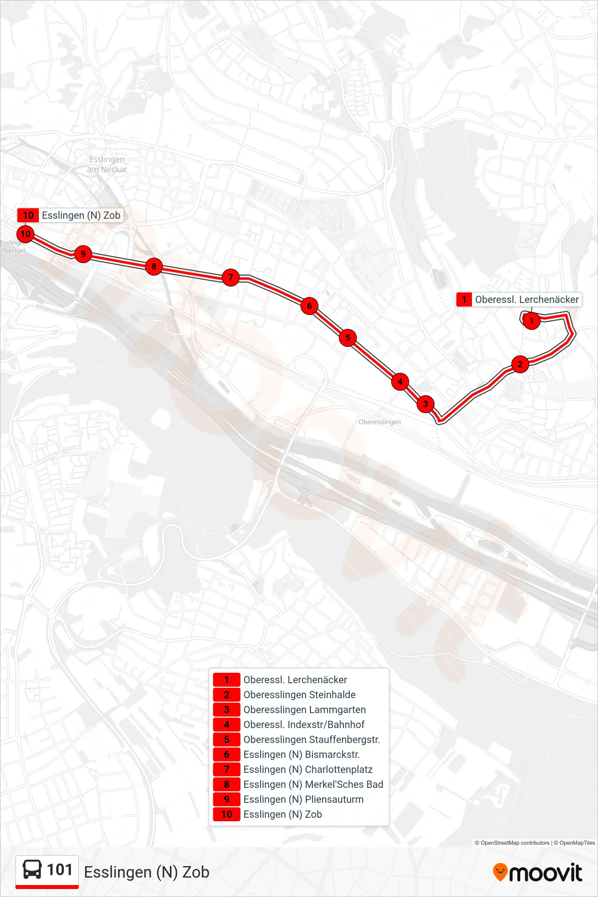 101 bus Line (Esslingen (N) Zob) route and stops on a map