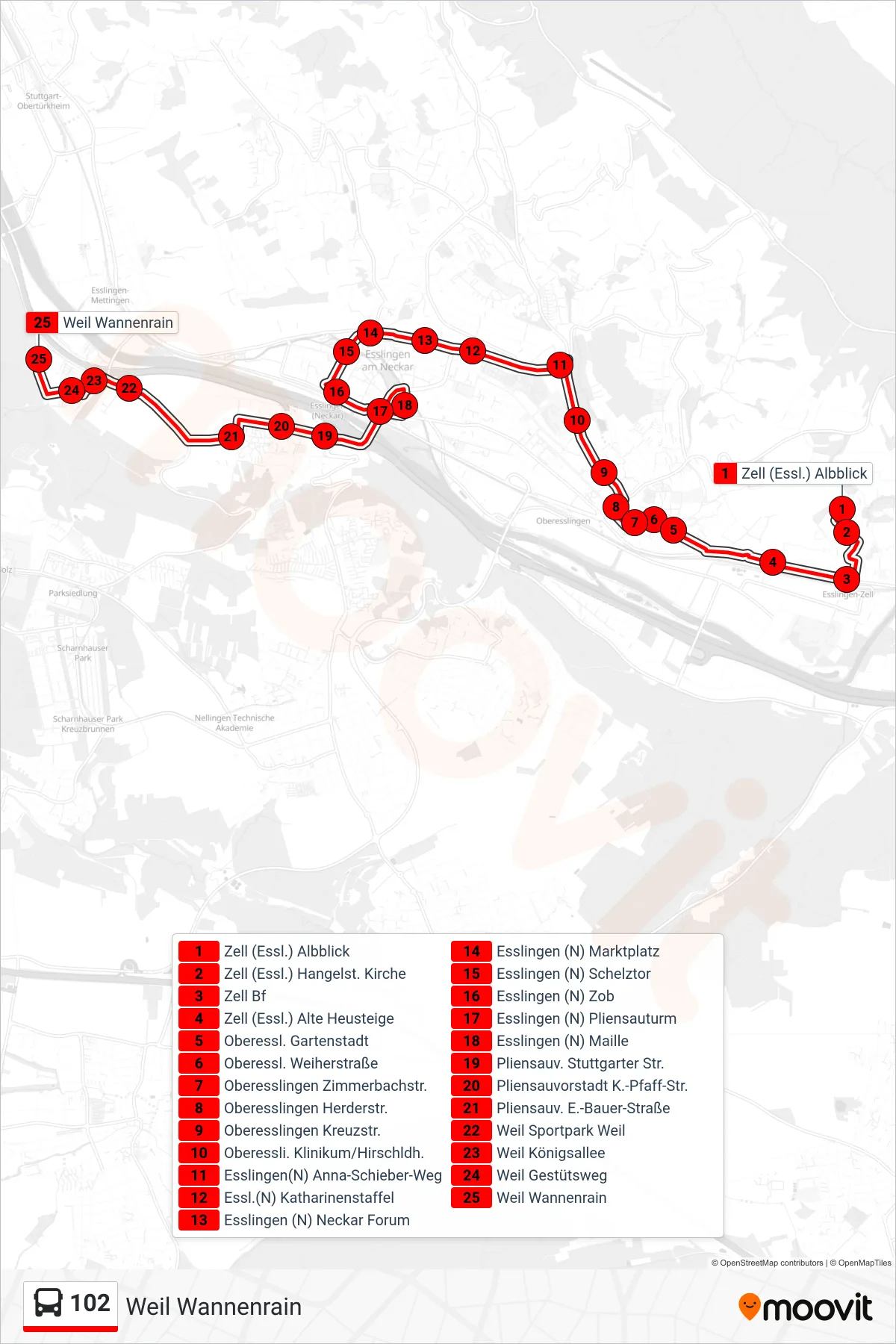 102 bus Line (Weil Wannenrain) route and stops on a map