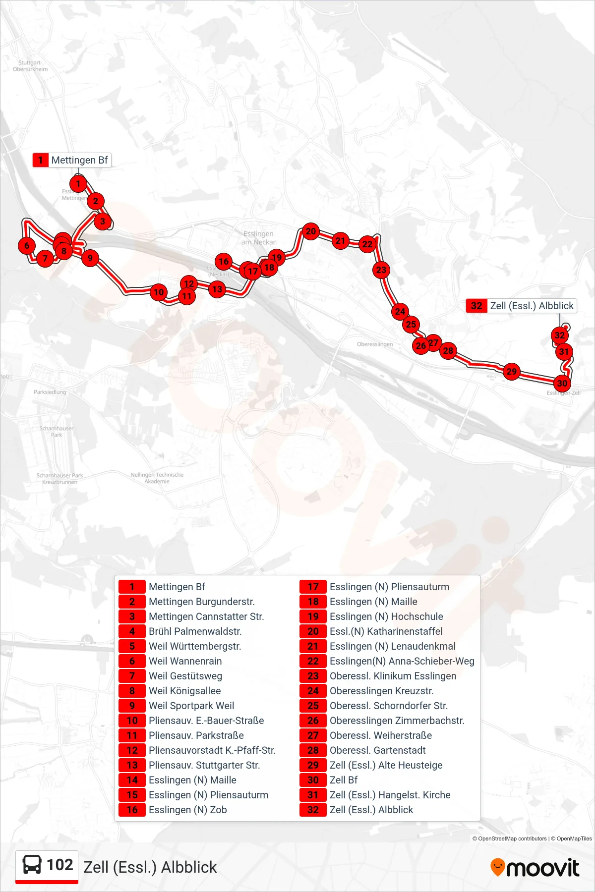Linie 102 (Bus) Richtung Zell (Essl.) Albblick: Route und Haltestellen auf der Karte