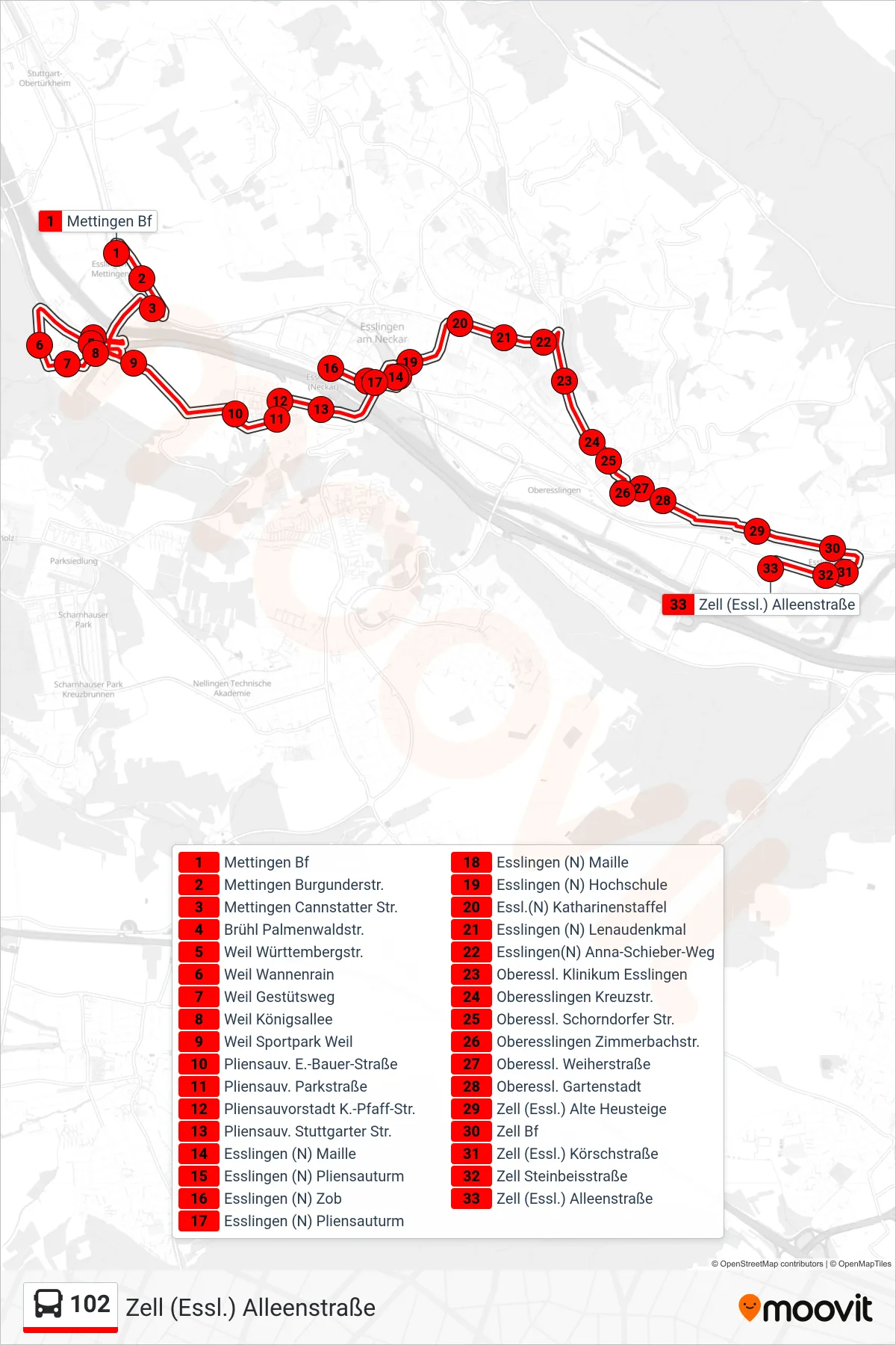 102 bus Line (Zell (Essl.) Alleenstraße) route and stops on a map