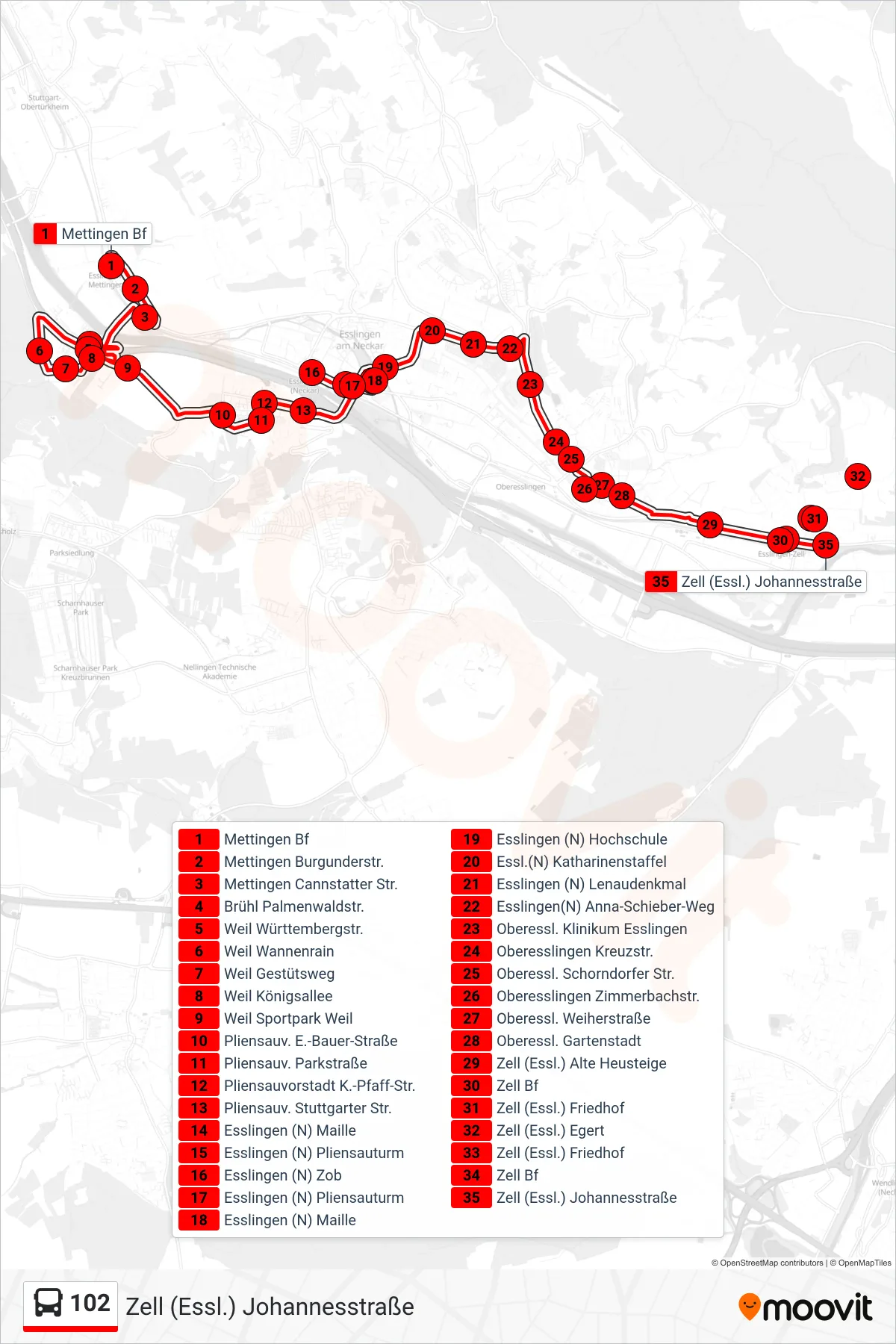 102 bus Line (Zell (Essl.) Johannesstraße) route and stops on a map