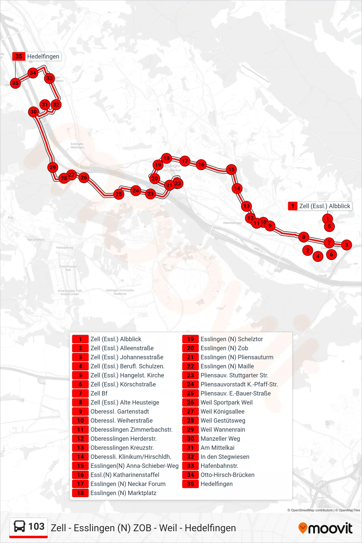 103 bus Line (Hedelfingen) route and stops on a map