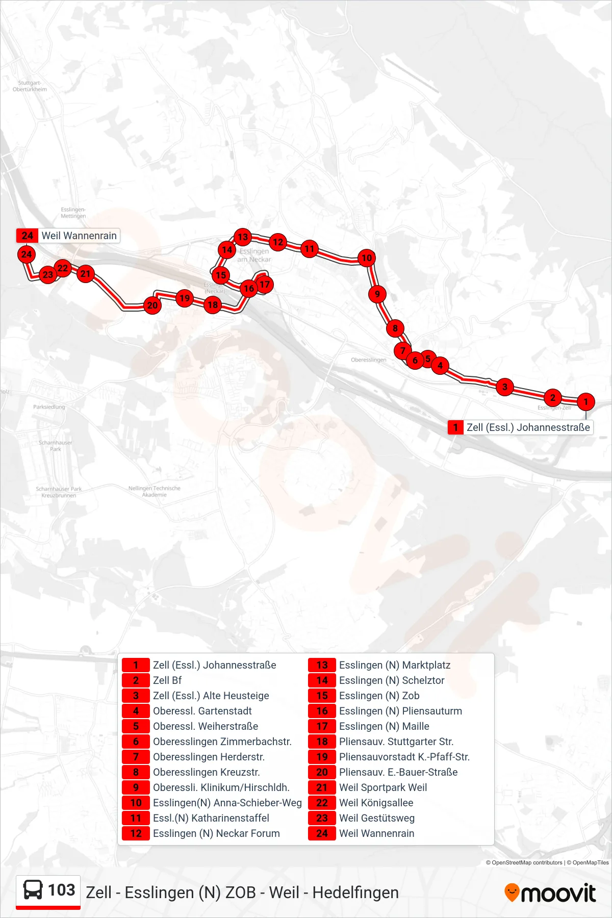 Linie 103 (Bus) Richtung Weil Wannenrain: Route und Haltestellen auf der Karte