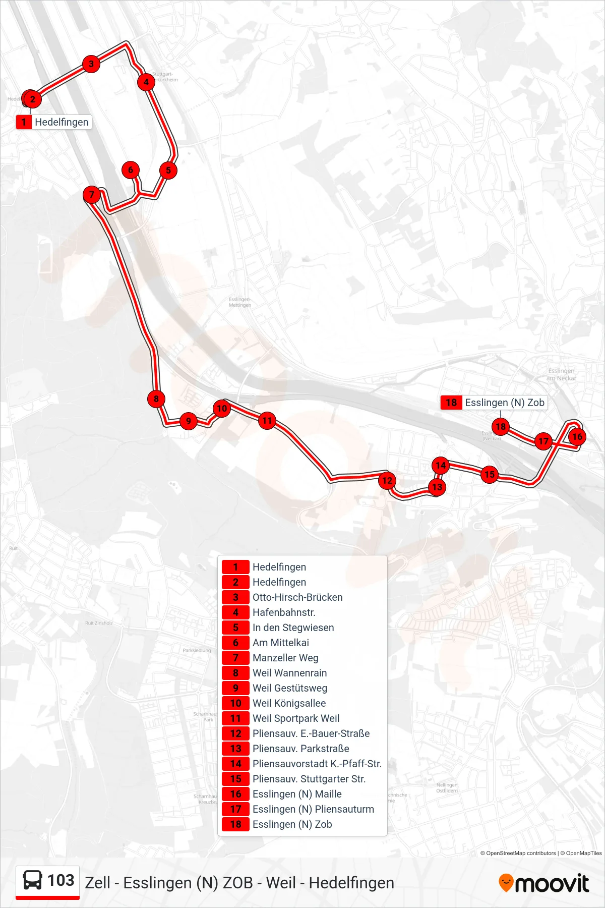 103 bus Line (Esslingen (N) Zob) route and stops on a map