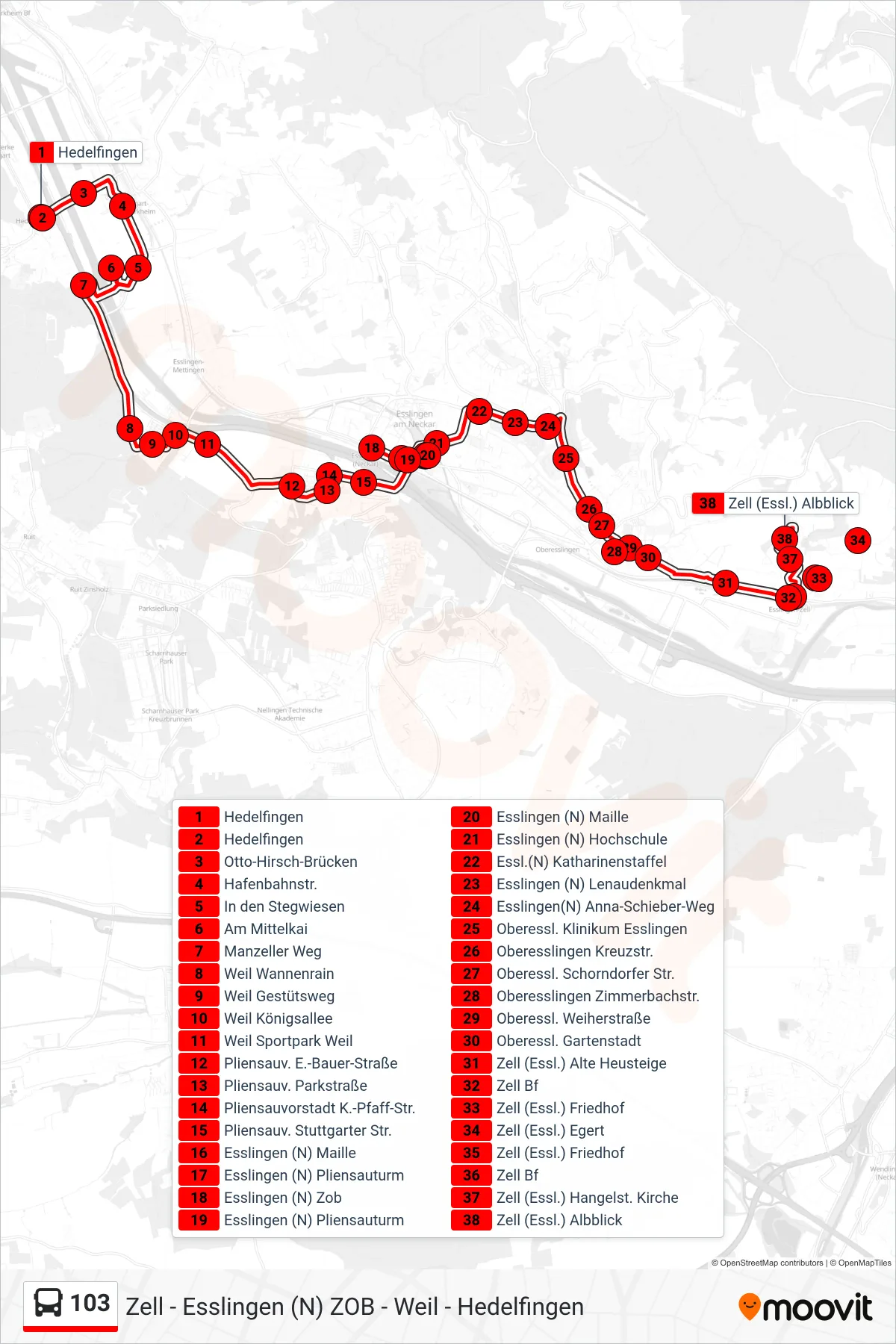 103 bus Line (Zell (Essl.) Albblick) route and stops on a map