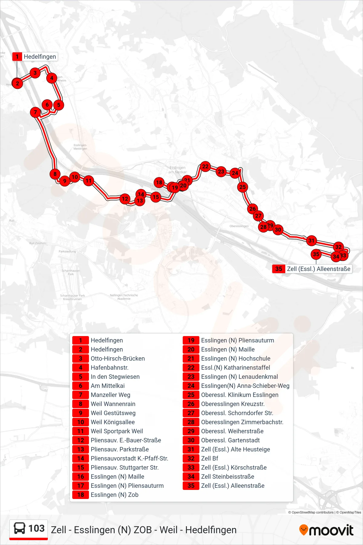 103 bus Line (Zell (Essl.) Alleenstraße) route and stops on a map