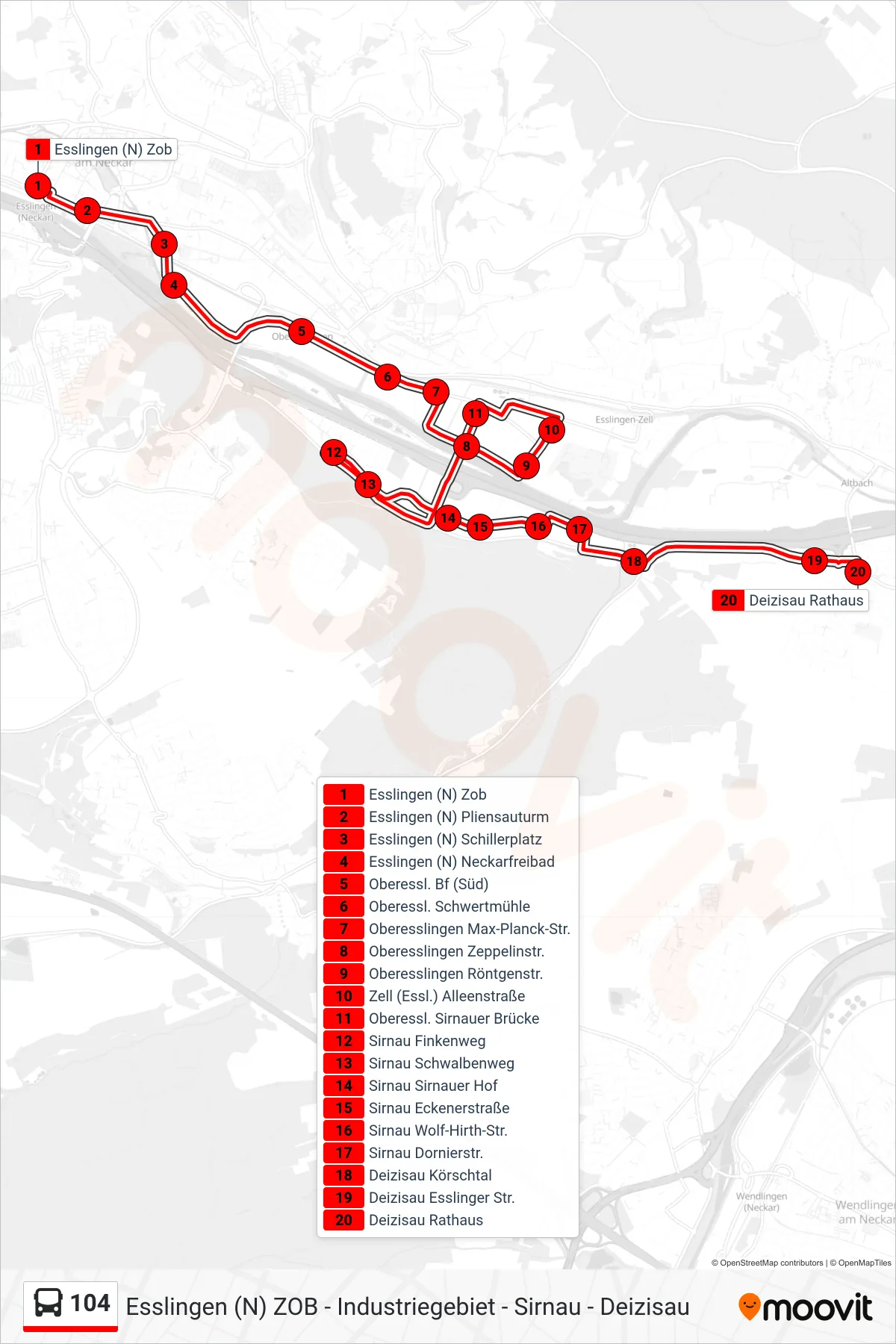 104 bus Line (Deizisau Rathaus) route and stops on a map
