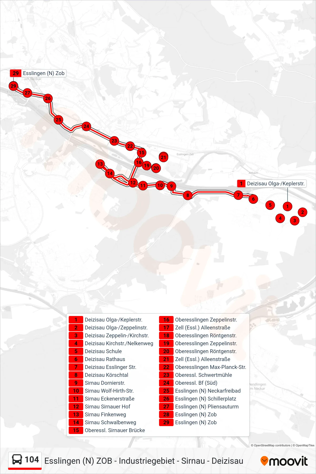 104 bus Line (Esslingen (N) Zob) route and stops on a map