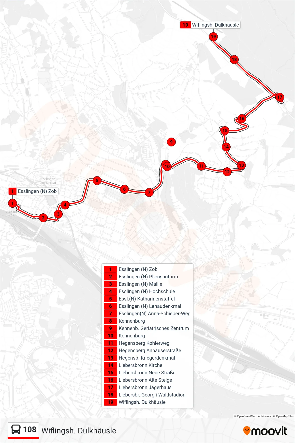 Linie 108 (Bus) Richtung Wiflingsh. Dulkhäusle: Route und Haltestellen auf der Karte