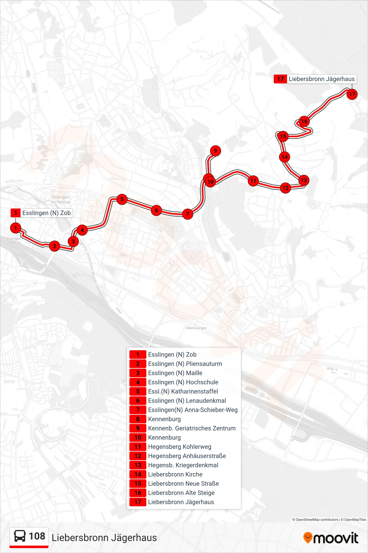 108 bus Line (Liebersbronn Jägerhaus) route and stops on a map