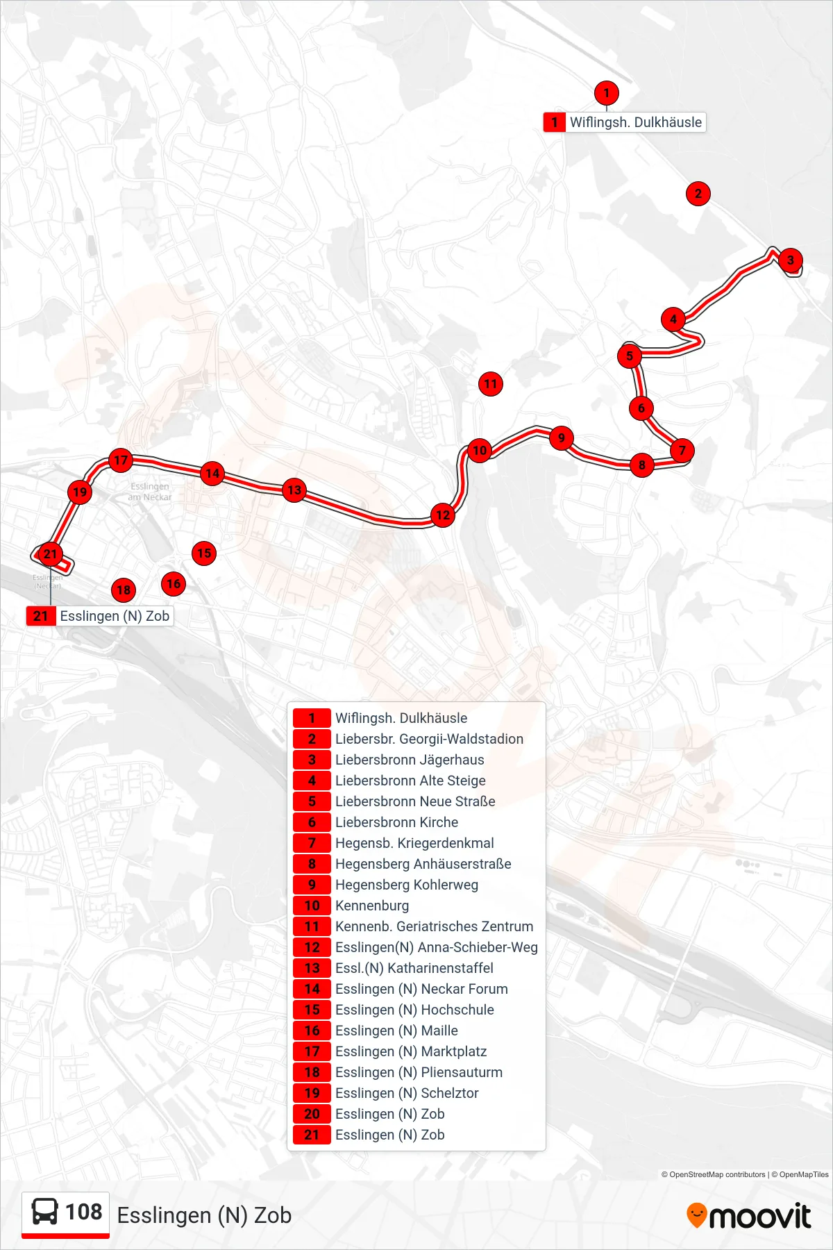 108 bus Line (Esslingen (N) Zob) route and stops on a map
