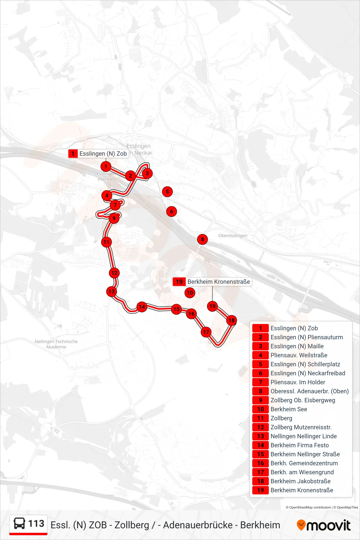 Linie 113 (Bus) Richtung Berkheim Kronenstraße: Route und Haltestellen auf der Karte