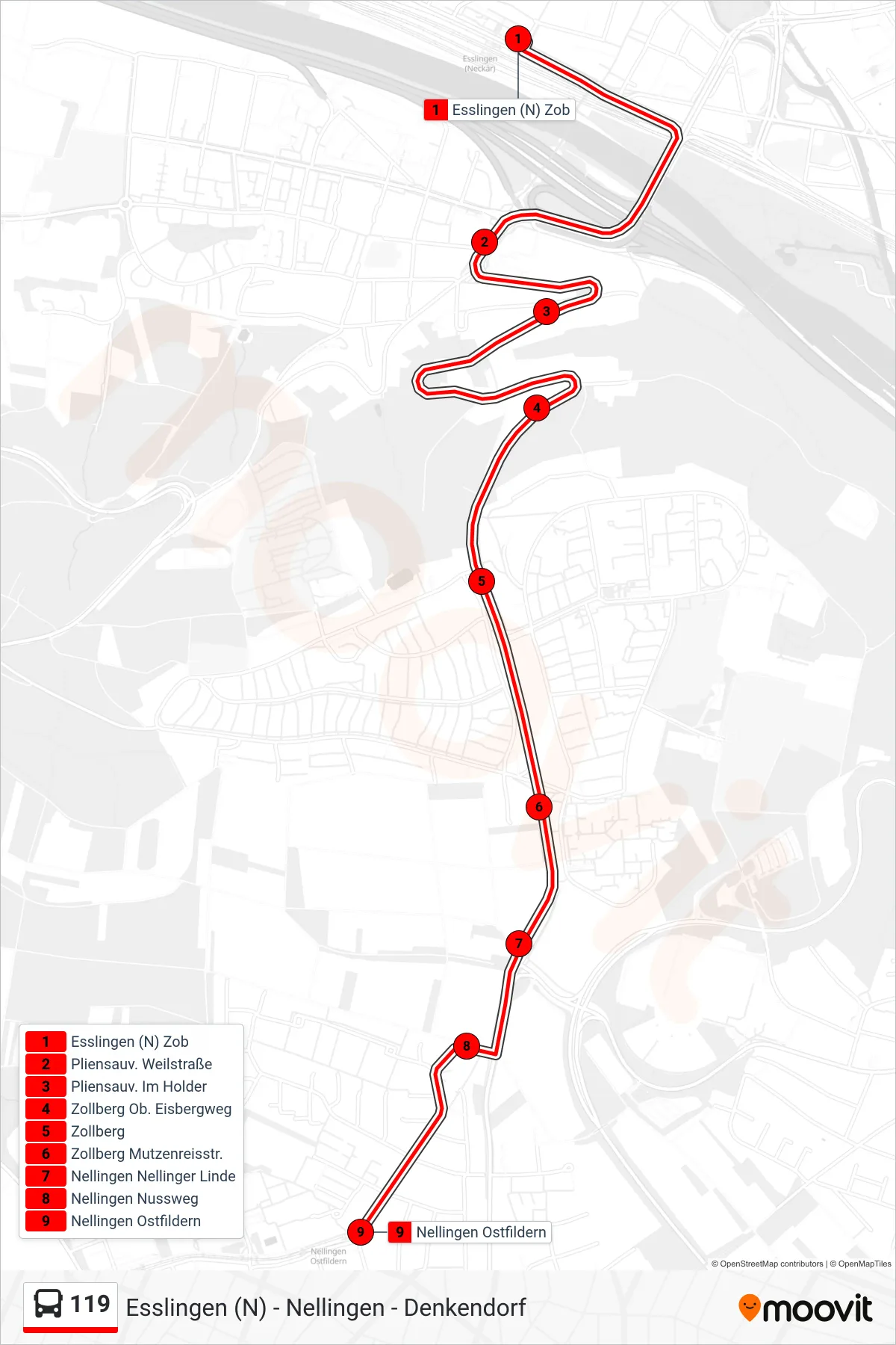 119 bus Line (Nellingen Ostfildern) route and stops on a map