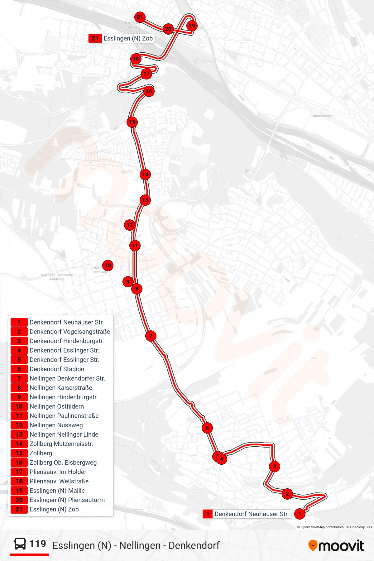 Linie 119 (Bus) Richtung Esslingen (N) Zob: Route und Haltestellen auf der Karte