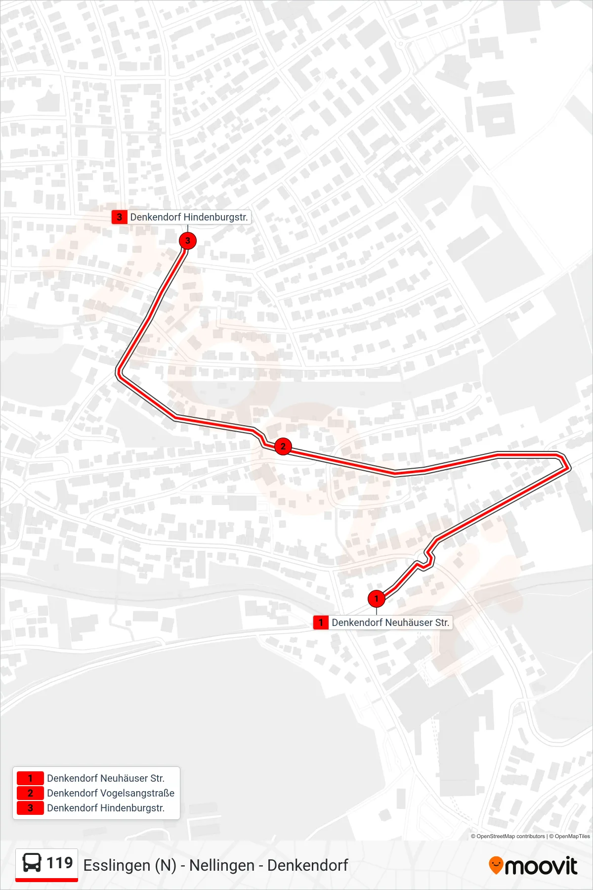 119 bus Line (Denkendorf Hindenburgstr.) route and stops on a map