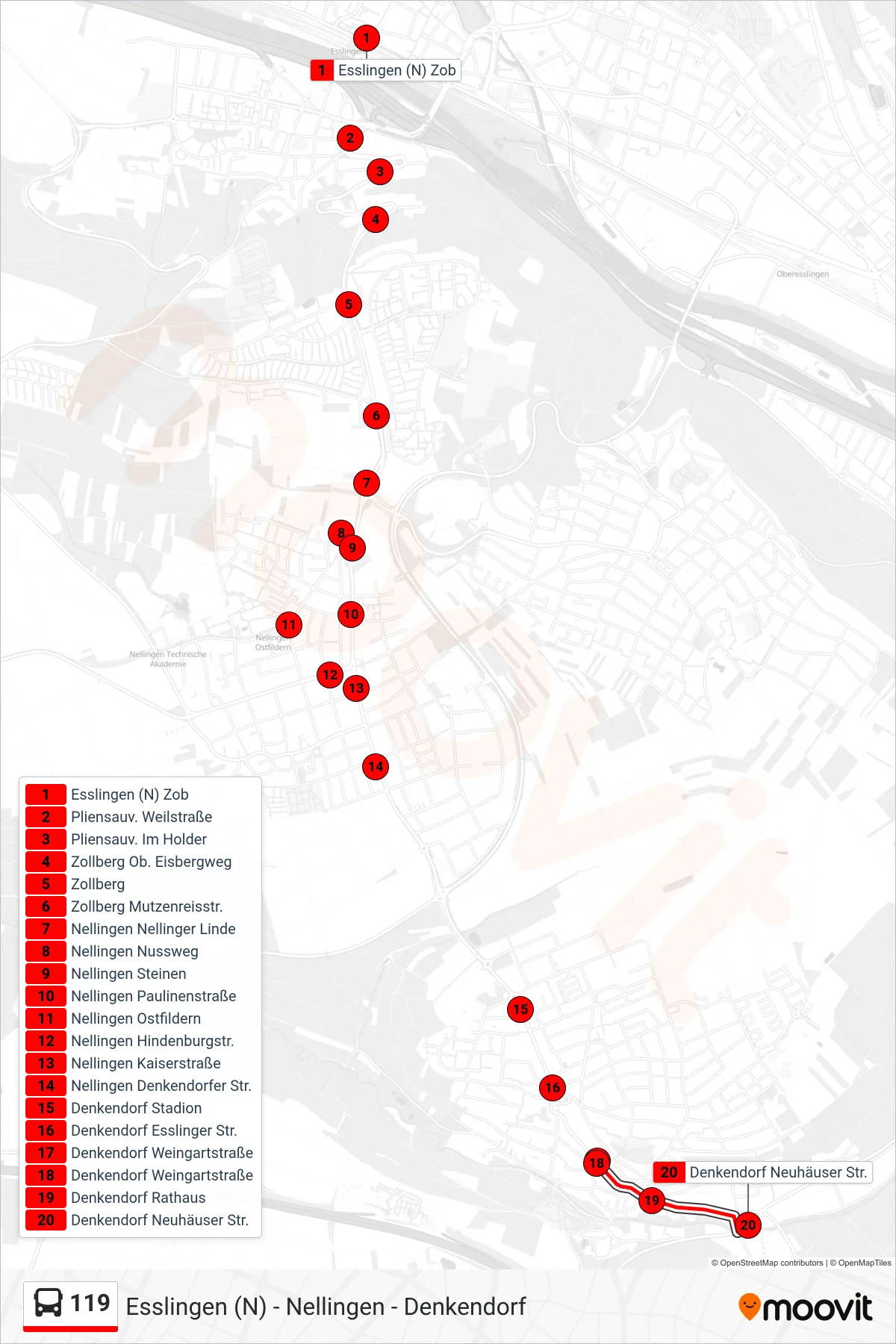 119 bus Line (Denkendorf Neuhäuser Str.) route and stops on a map