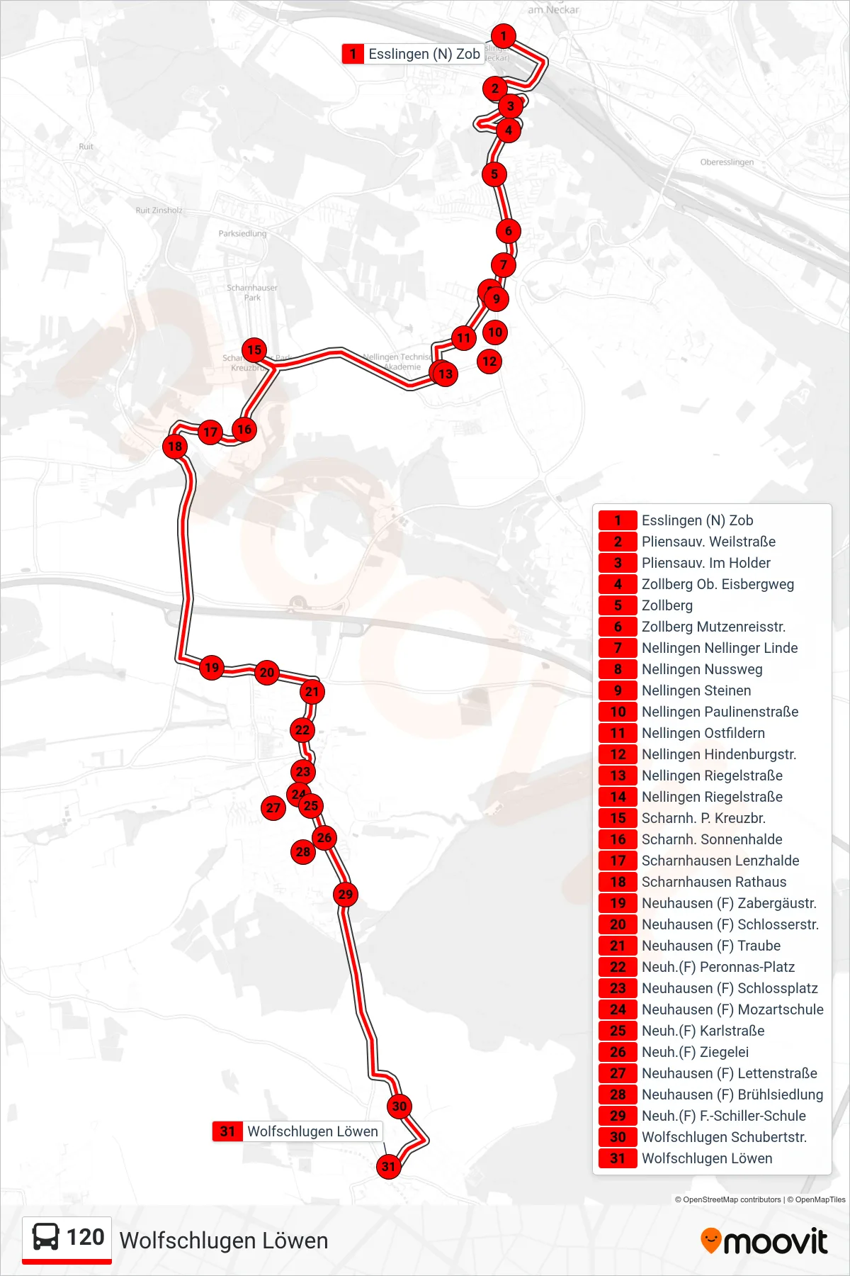 120 bus Line (Wolfschlugen Löwen) route and stops on a map