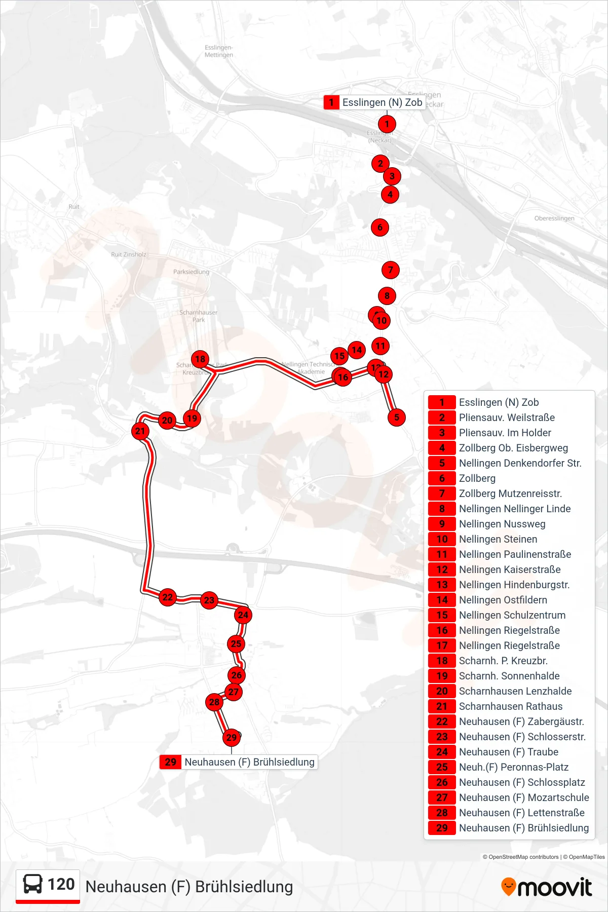 120 bus Line (Neuhausen (F) Brühlsiedlung) route and stops on a map