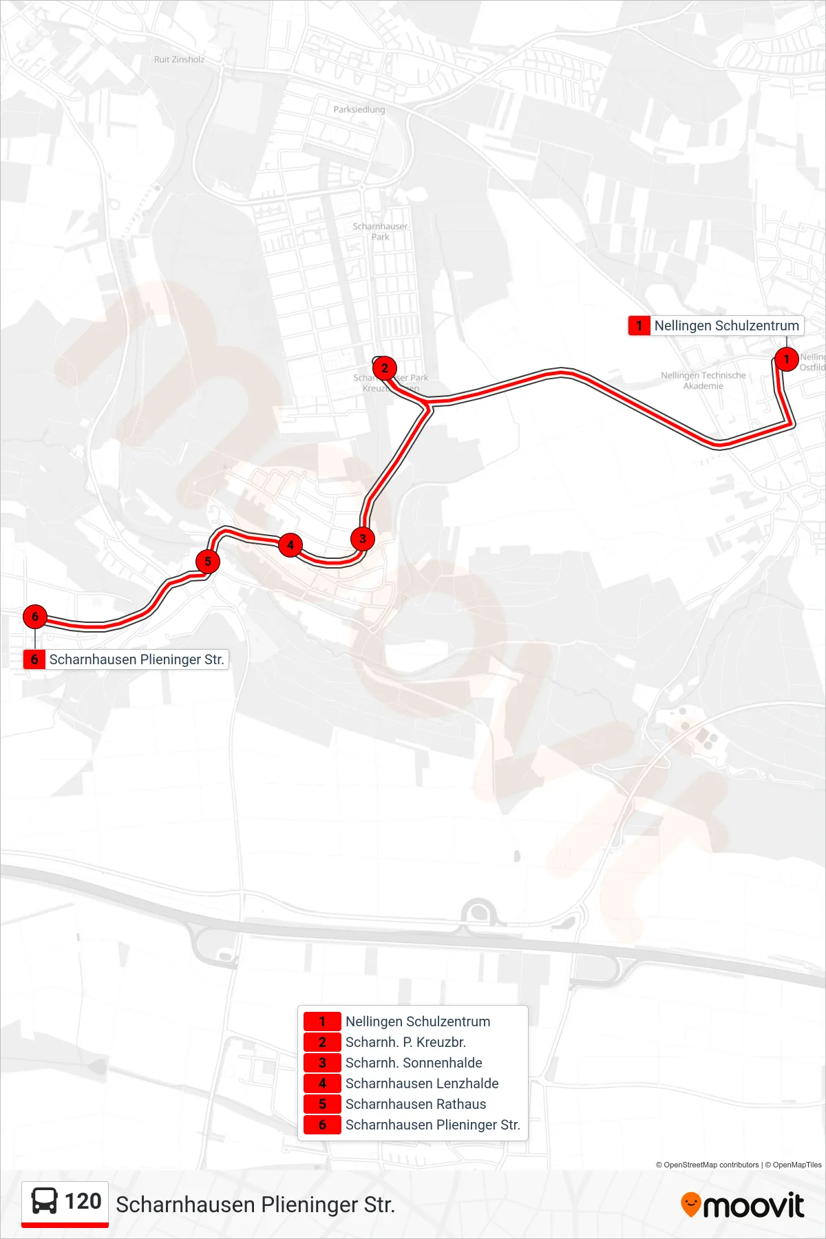 120 bus Line (Scharnhausen Plieninger Str.) route and stops on a map