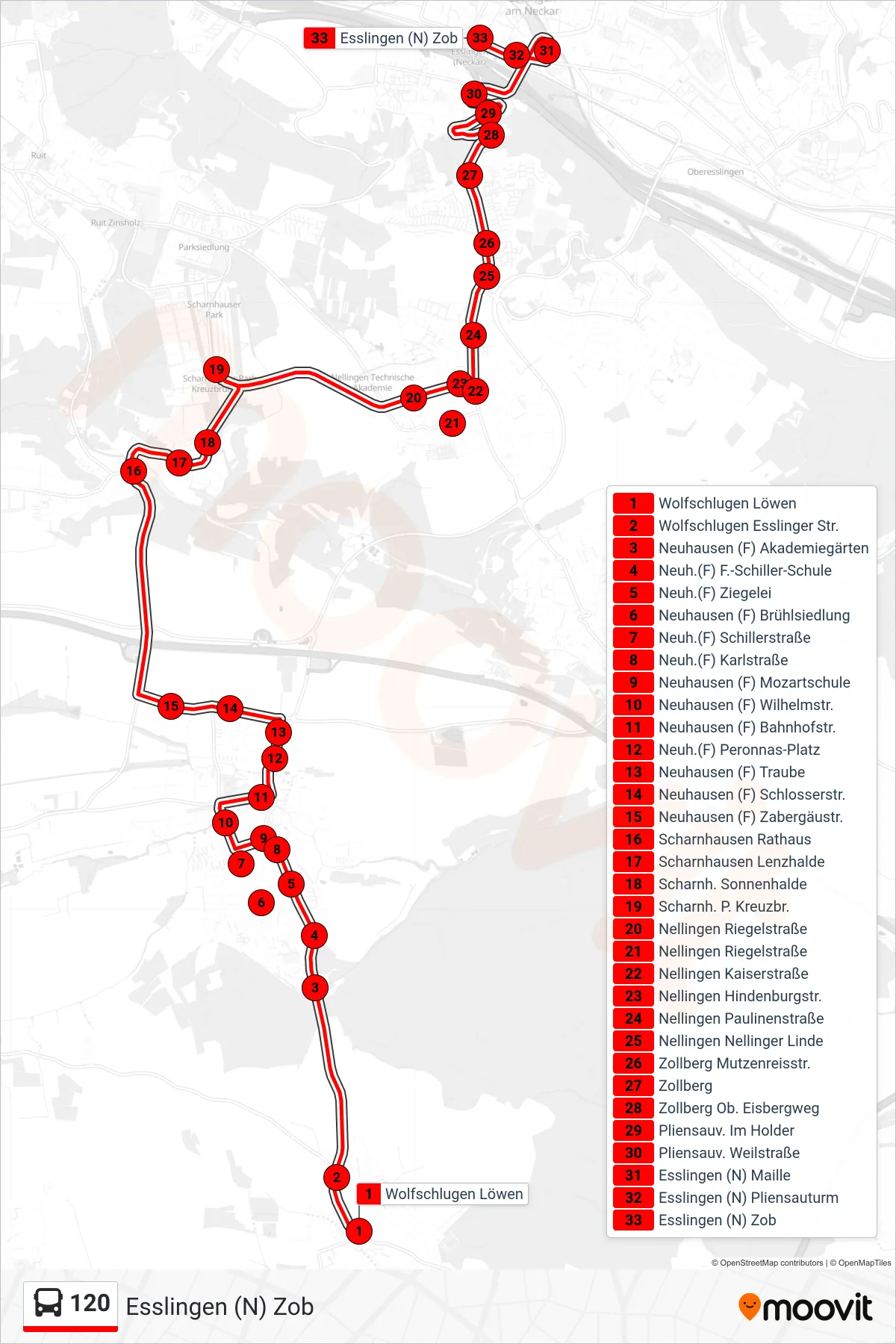 120 bus Line (Esslingen (N) Zob) route and stops on a map