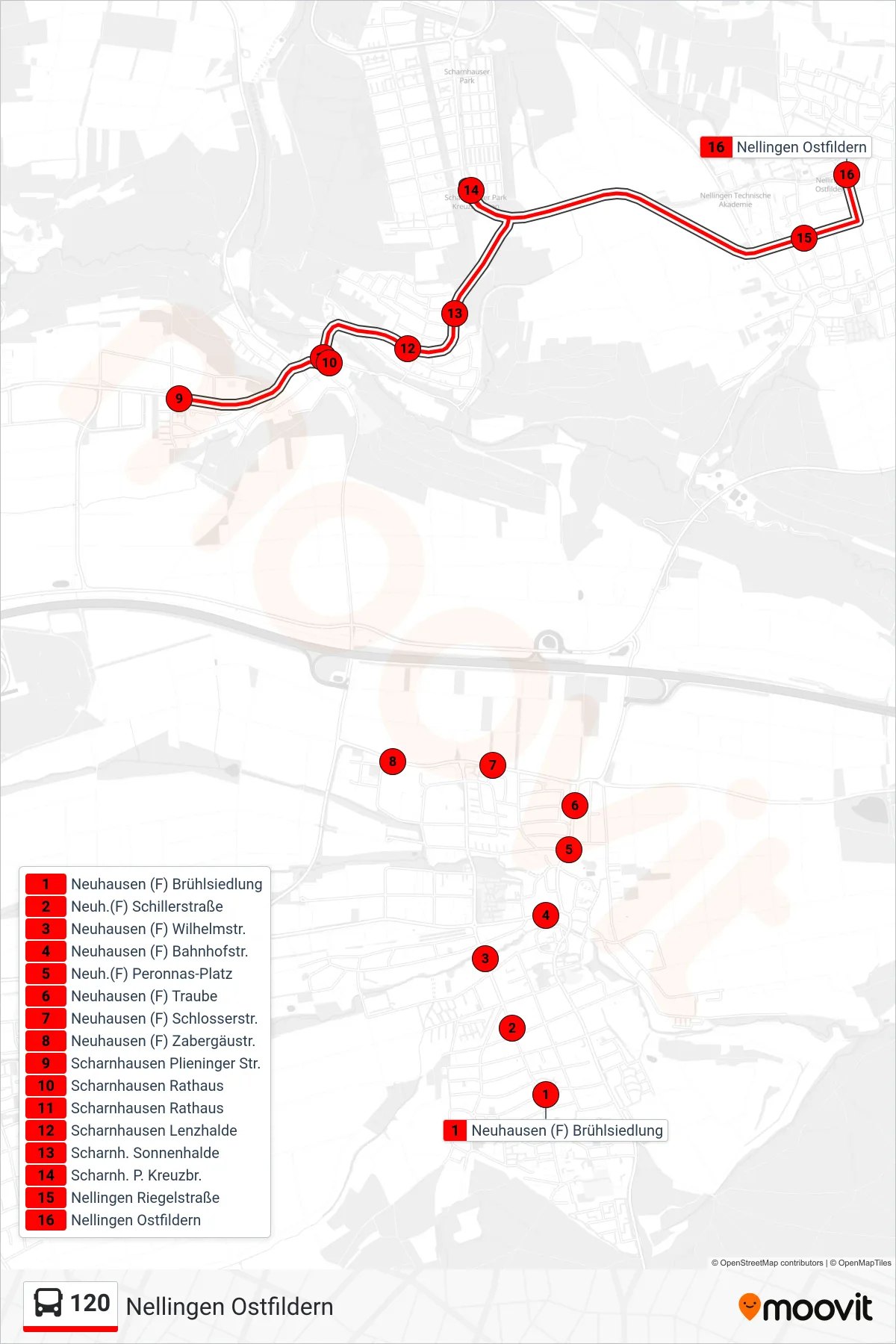 Linie 120 (Bus) Richtung Nellingen Ostfildern: Route und Haltestellen auf der Karte