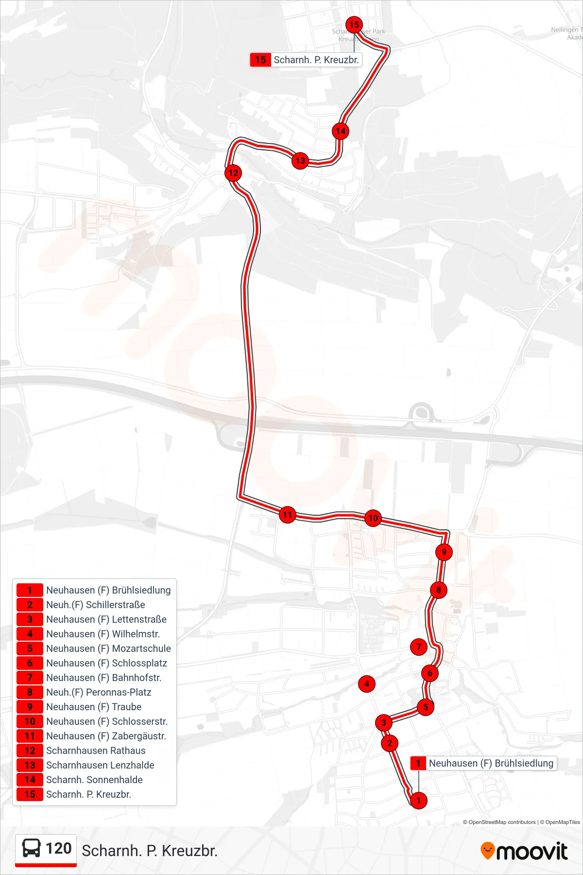 120 bus Line (Scharnh. P. Kreuzbr.) route and stops on a map