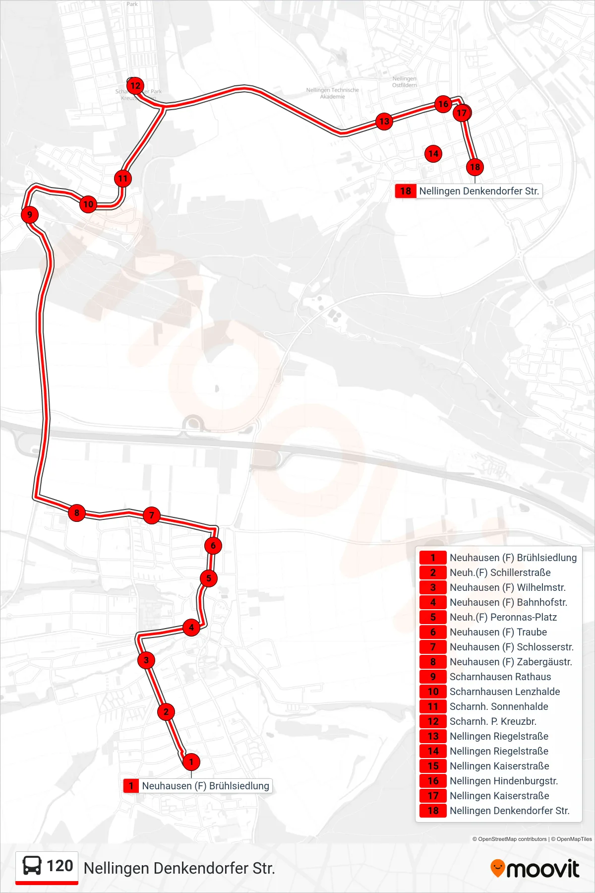 120 bus Line (Nellingen Denkendorfer Str.) route and stops on a map