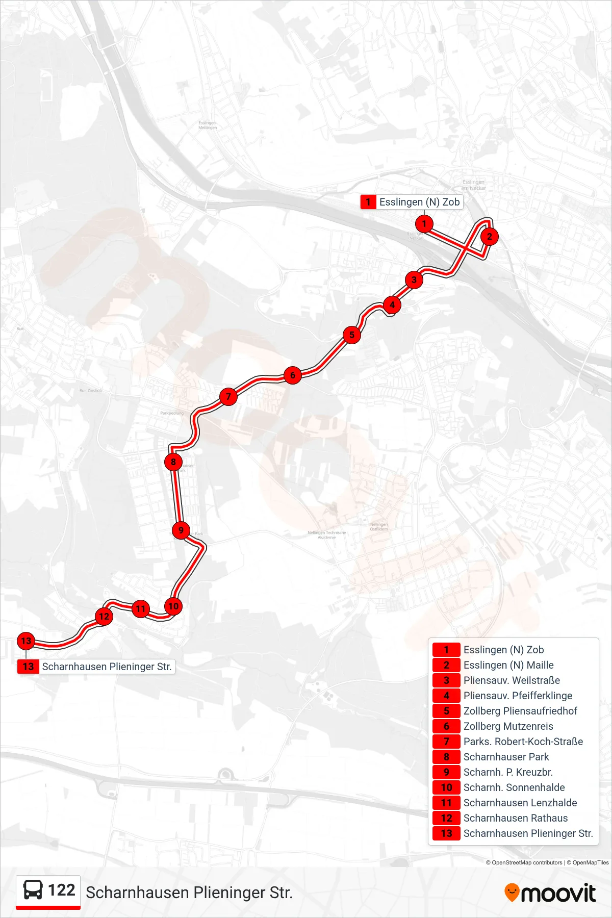 Linie 122 (Bus) Richtung Scharnhausen Plieninger Str.: Route und Haltestellen auf der Karte