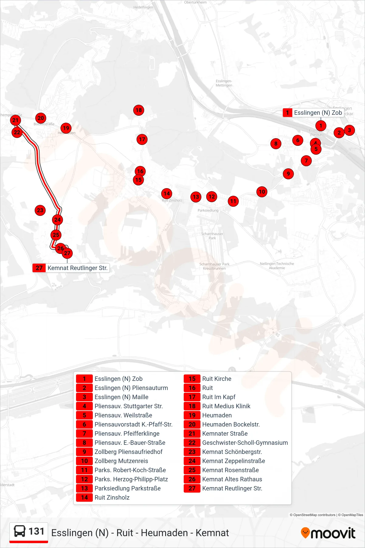 131 bus Line (Kemnat Reutlinger Str.) route and stops on a map