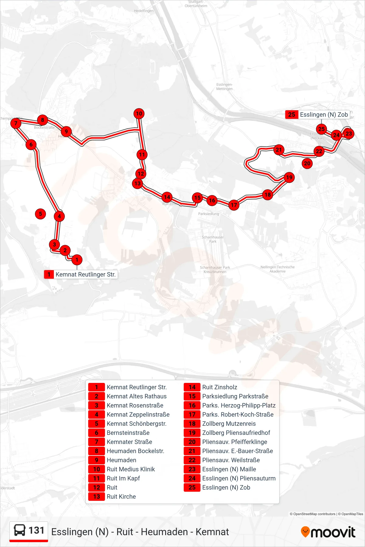 131 bus Line (Esslingen (N) Zob) route and stops on a map