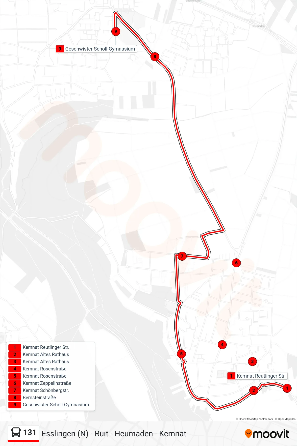131 bus Line (Geschwister-Scholl-Gymnasium) route and stops on a map