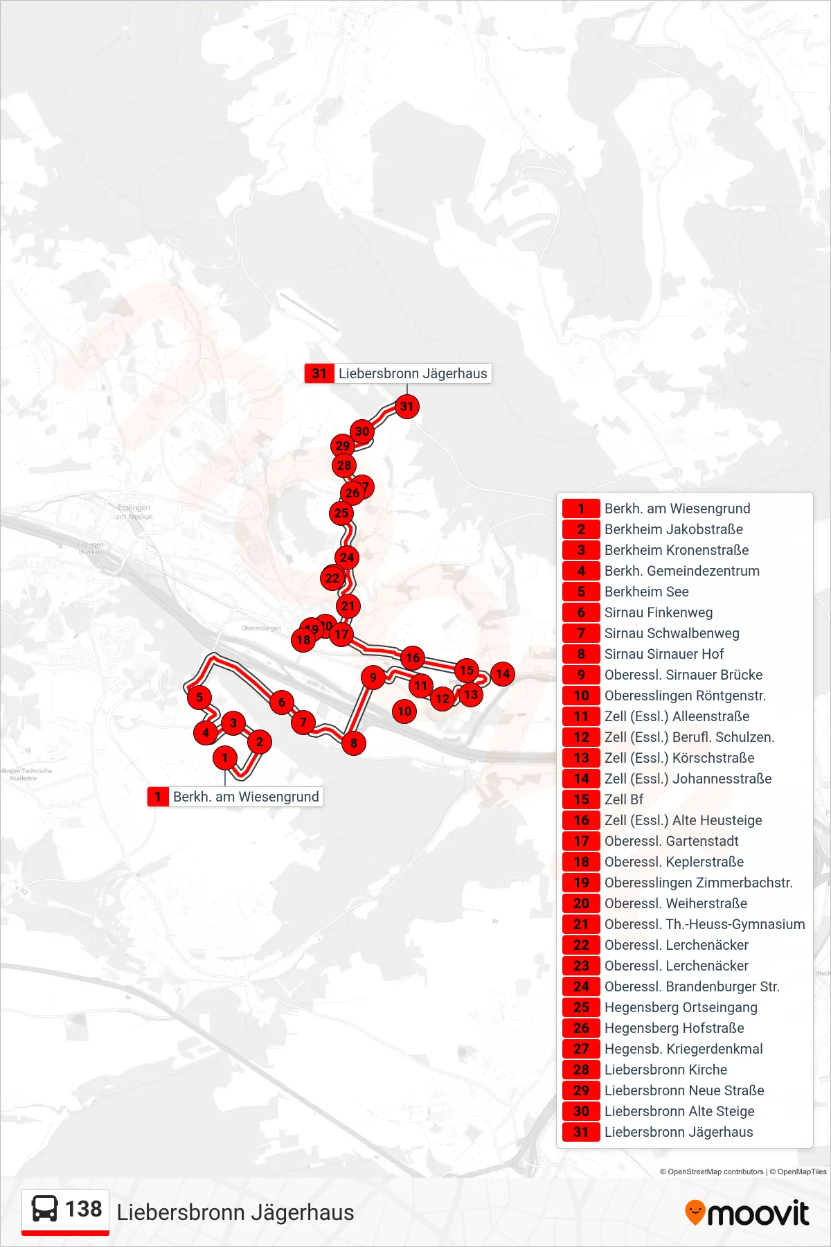138 bus Line (Liebersbronn Jägerhaus) route and stops on a map